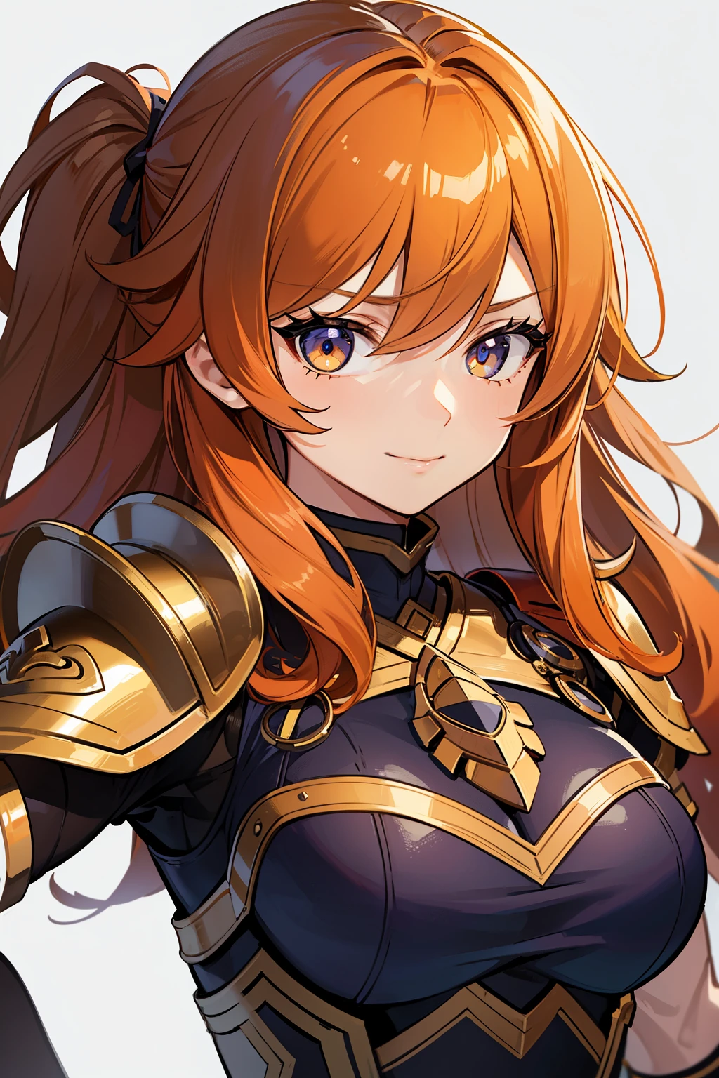 (high-quality, breathtaking),(expressive eyes, perfect face) 1female, girl , solo, young , brown colored hair, orange coloured eyes, stylised hair, gentle smile, medium length hair, loose hair, side bangs, wavy hair, slightly narrow eyes, looking at viewer, portrait, greek, full plate armor, black onyx purple armor, black spectre armor, fantasy armor, Average chest size, Griffin Minos
