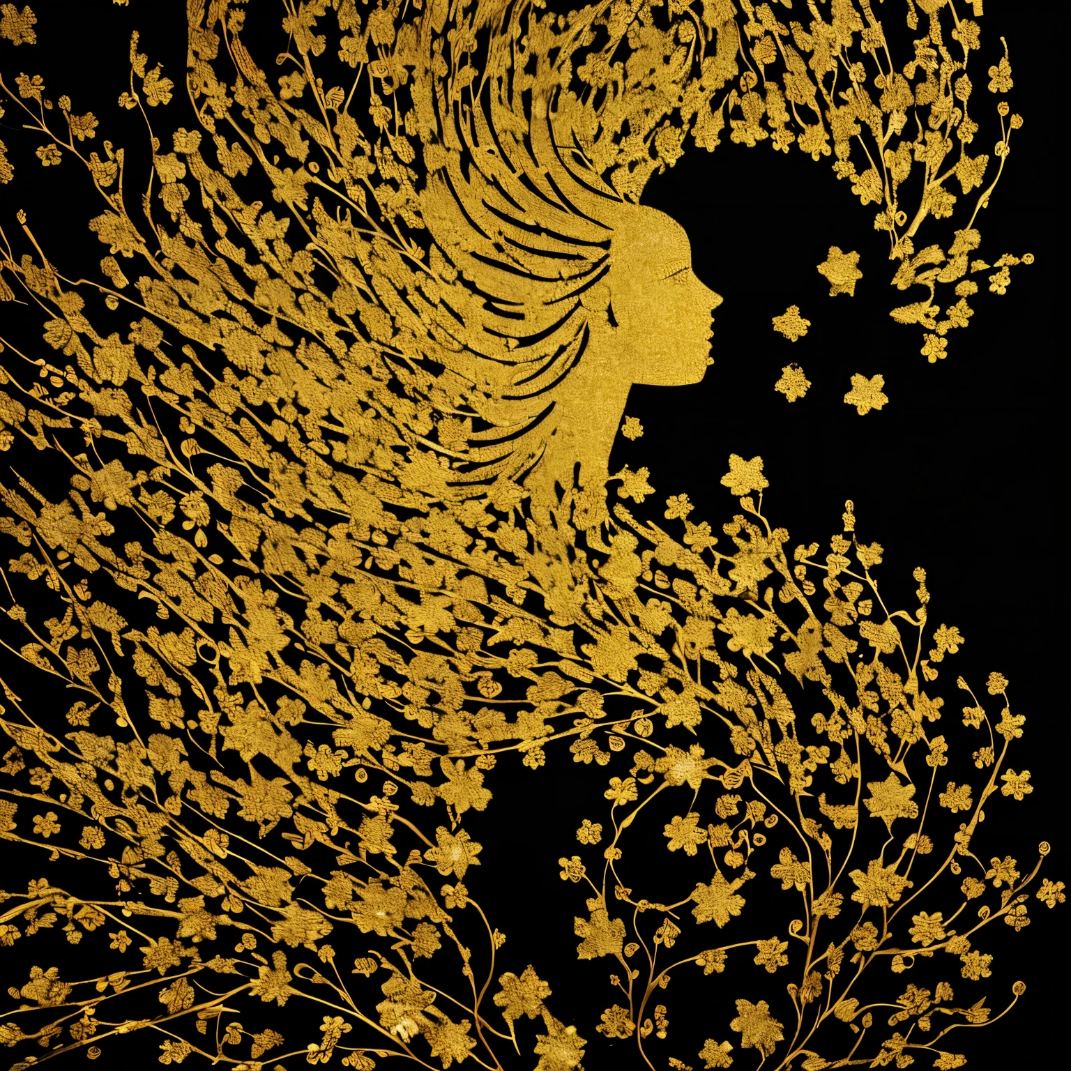 best quality, 32k, RAW photo, incredibly absurdres, extremely detailed, beautiful and mysterious silhouette art of a woman, a black background with gold glitter, and a flower garden made of finely shredded colorful colored paper around it, delicate, flashy and dynamic depiction