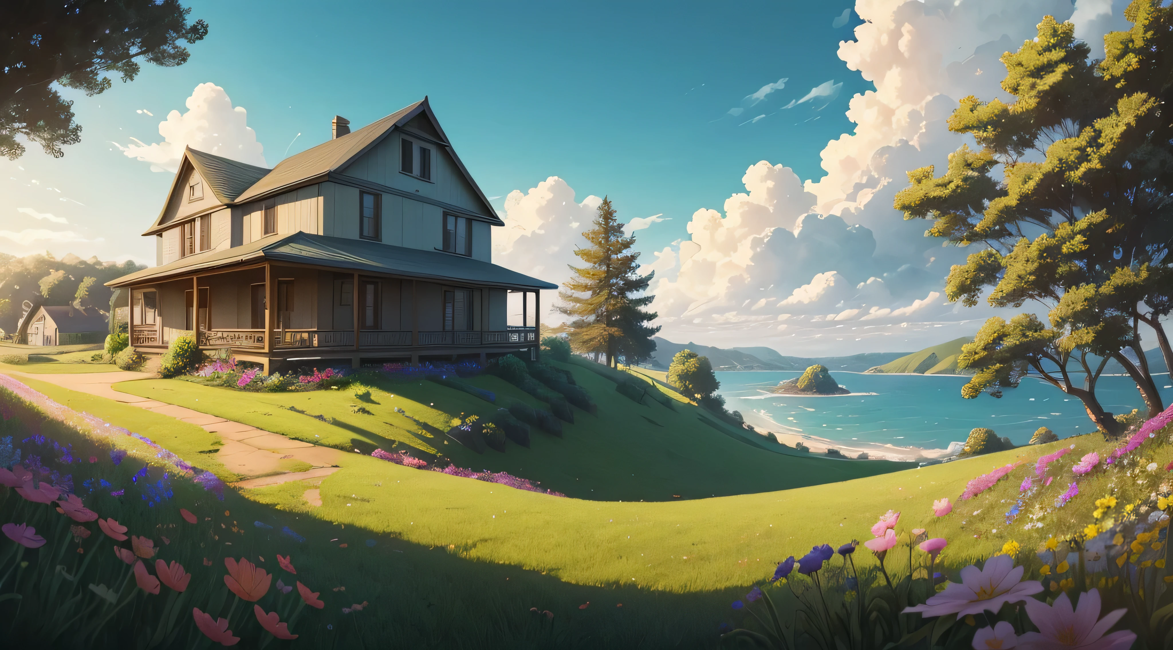 masterpiece, morning, cloudy, sunny, trees, flowers, grass, beachside hill, with an old house on the hill, pov from the bottom of the hill looking up