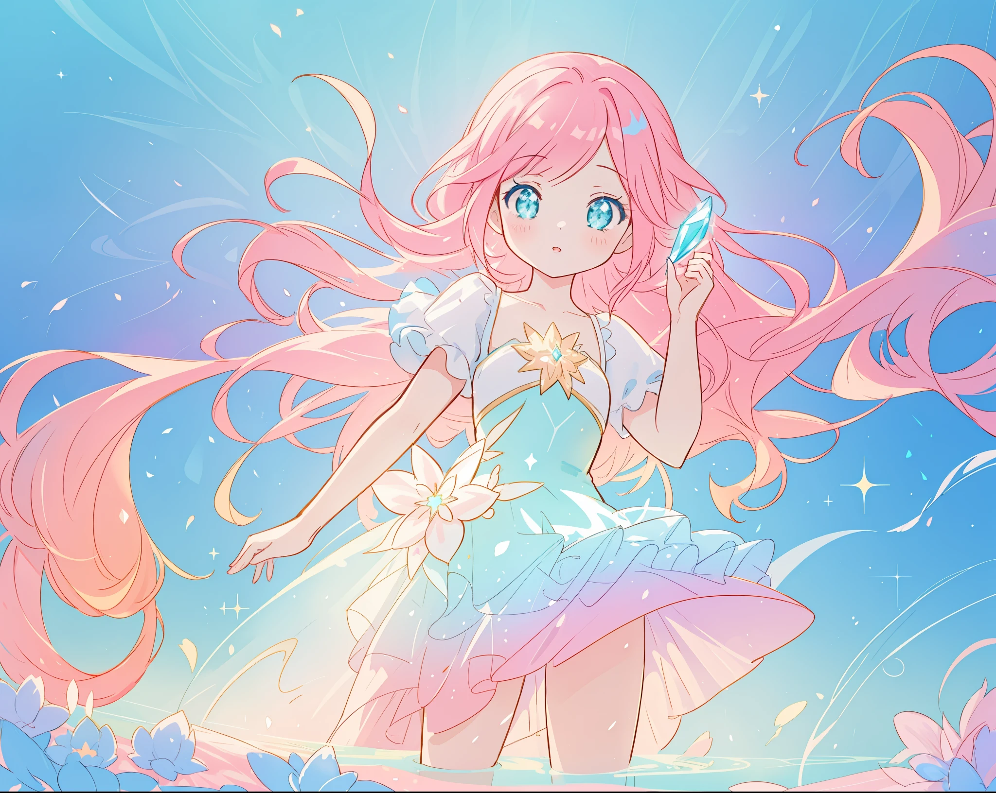 beautiful girl in sparkling white puffy dress, vibrant pastel colors, (colorful), magical lights, long flowing colorful pink hair, otherworldly aqua and blue landscape background, inspired by Glen Keane, inspired by Lois van Baarle, disney art style, by Lois van Baarle, glowing aura around her, by Glen Keane, jen bartel, glowing lights! digital painting, flowing glowing hair, glowing flowing hair, beautiful digital illustration, fantasia background, whimsical, magical, fantasy, beautiful face, ((masterpiece, best quality)), intricate details, highly detailed, sharp focus, 8k resolution, sparkling detailed eyes, liquid watercolor