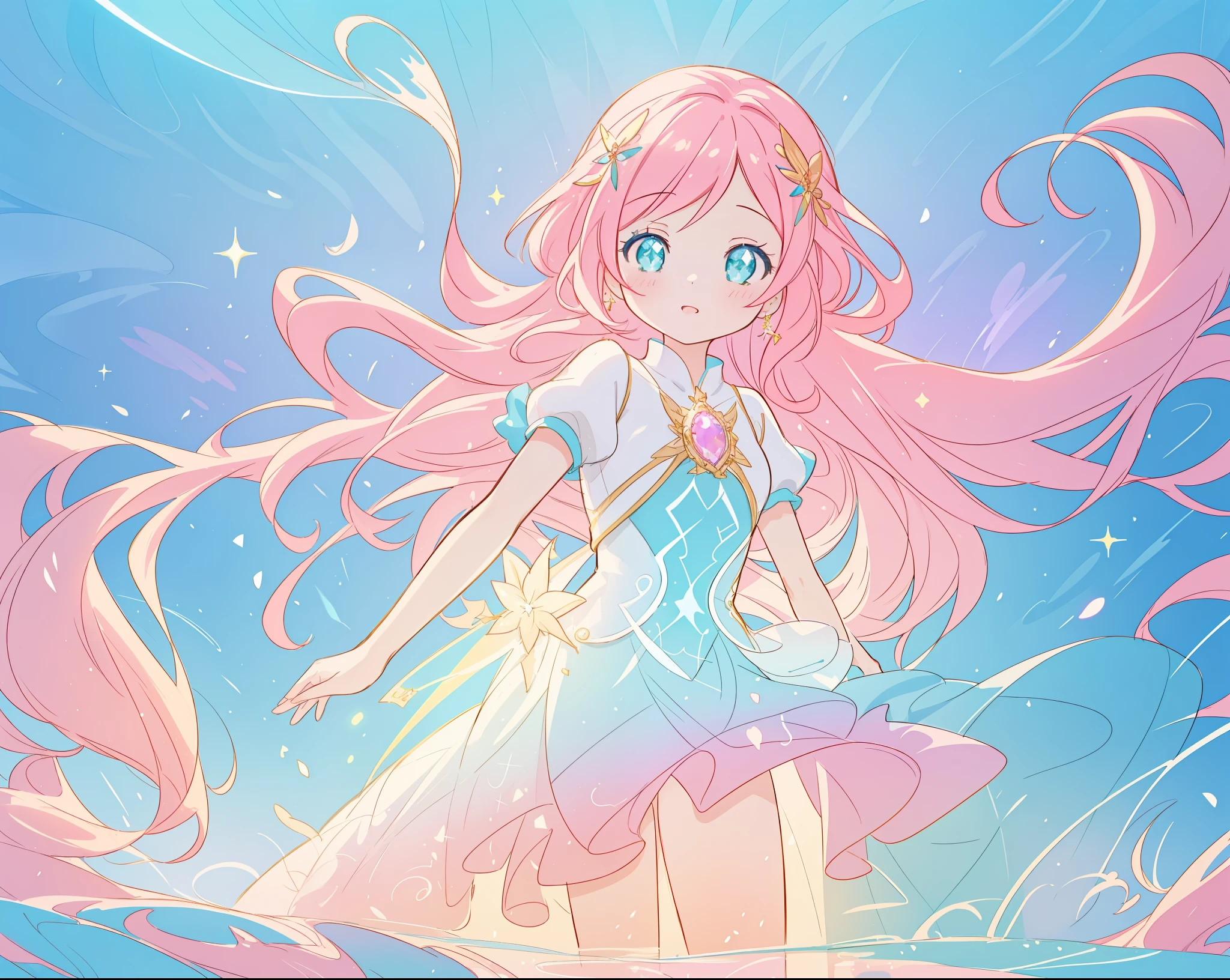 beautiful girl in sparkling white puffy dress, vibrant pastel colors, (colorful), magical lights, long flowing colorful pink hair, otherworldly aqua and blue landscape background, inspired by Glen Keane, inspired by Lois van Baarle, disney art style, by Lois van Baarle, glowing aura around her, by Glen Keane, jen bartel, glowing lights! digital painting, flowing glowing hair, glowing flowing hair, beautiful digital illustration, fantasia background, whimsical, magical, fantasy, beautiful face, ((masterpiece, best quality)), intricate details, highly detailed, sharp focus, 8k resolution, sparkling detailed eyes, liquid watercolor