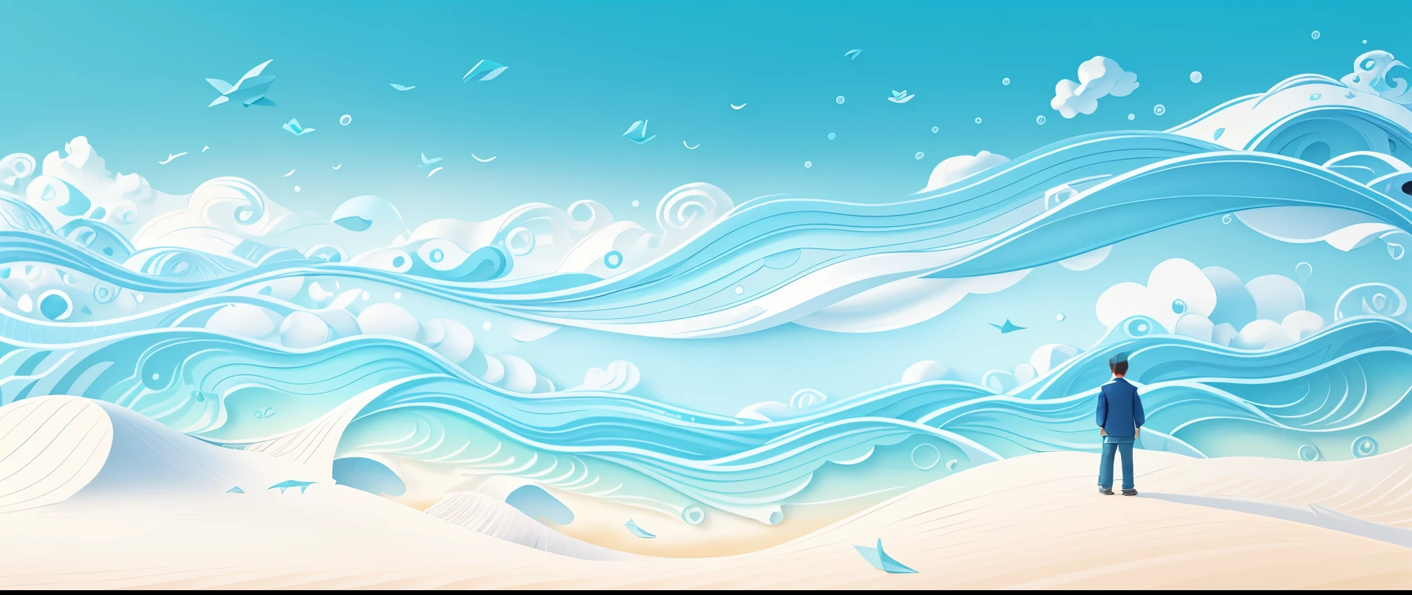 Banner, modern paper cut illustration, artistic illustration, creation, 3D rendering, color gradient from white to light blue, banner, line art, graphic design, decorative painting, vector art, ((origami art)), line art, large Blank, rough sea, white gradient background, origami art, line art,, 4K resolution, natural composition,: white background, fresh and refined style. (nature), sea, waves, poetic Chinese painting, a lot of blank space, overhead view, a person standing on the beach, blank space,