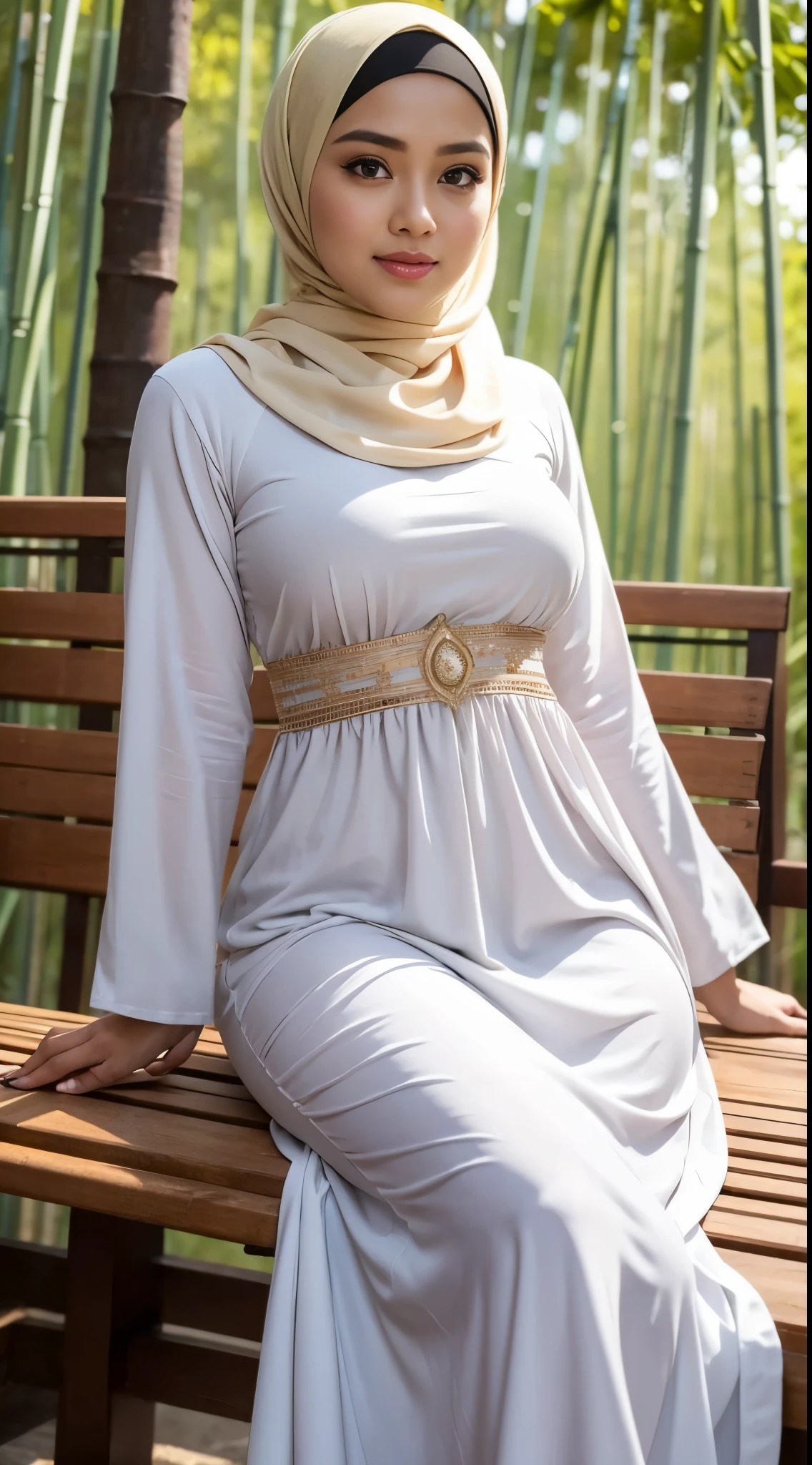 ( Close Up),RAW, Best quality, high resolution, masterpiece: 1.3), beautiful Malay woman in hijab, Masterpiece, perfect fit body, (big breasts), beautiful big eyes, Soft smile, thick thighs, beautiful face, woman standing on on a bamboo bench, wearing a white long (( baju kurung)), extraordinary beauty, beautiful masterpiece, beautiful long baju kurung, very beautiful style, wearing original baju kurung, beautiful masterpieces, great masterpieces, masterpieces of art, photos of women, hijab, Malay women , Good lighting, Bright colors, Clean lines