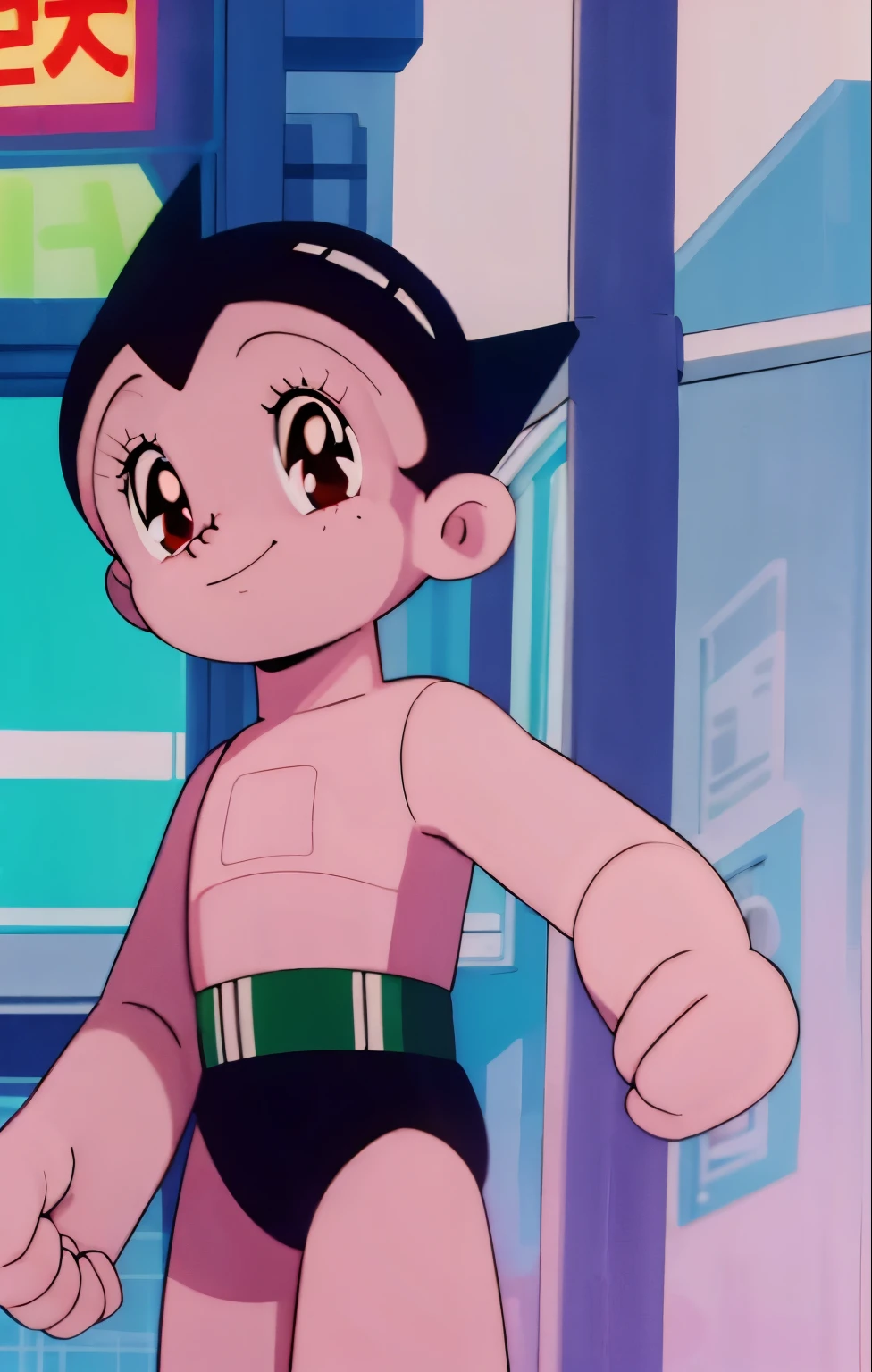 High quality portrait of Astro Boy standing, short legs, smiling. looking at viewer, Brown eyes, red boots, futuristic city background