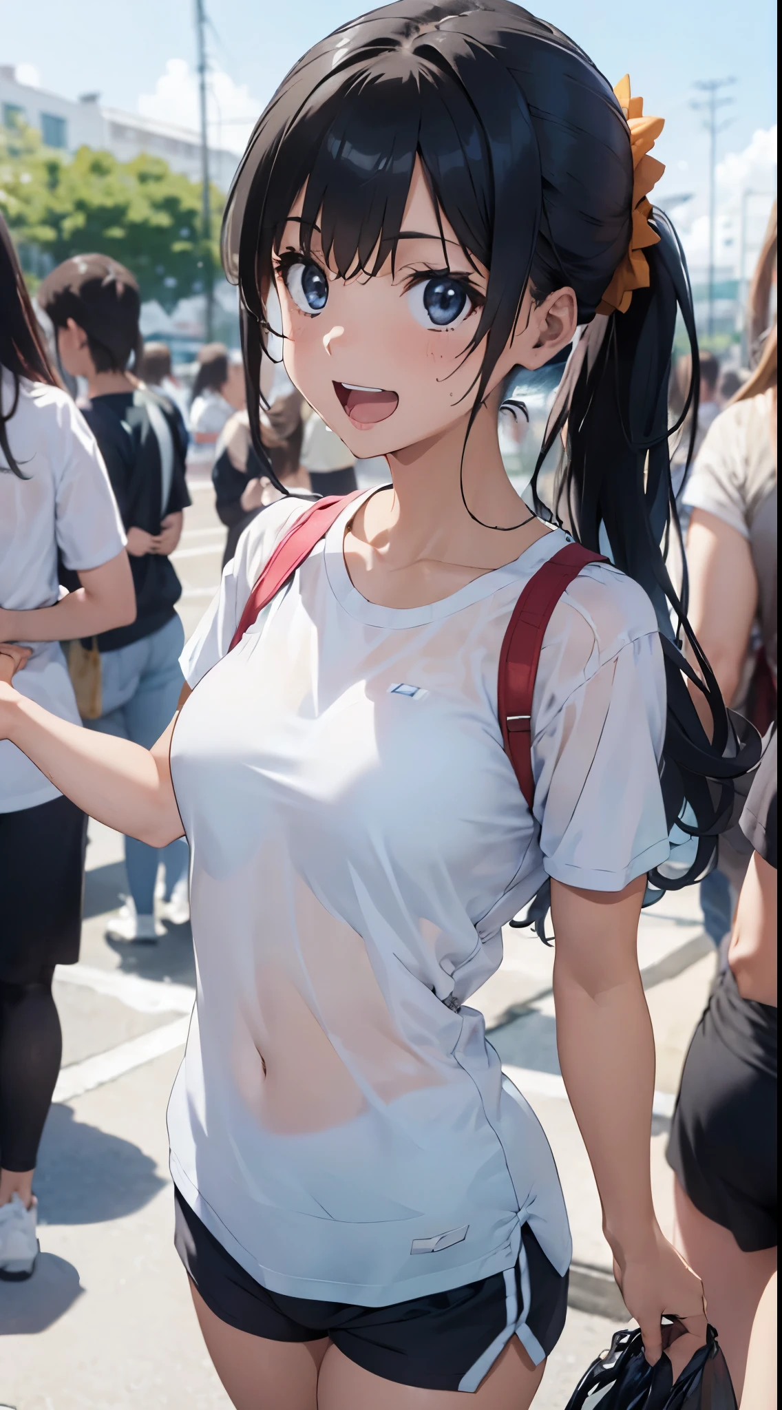 1womanl,Golden hair,14 year old beautiful breasts,(((Sexy white and blue shiny short sleeve gym clothes and shorts、Smile with open mouth)),((())),((( portlate))),Crowds,Shiny white short-sleeved gym uniform and blue shorts,(Wet with sweat),((athletic field)),(((see -through))),outside of house,(clothes shiny),Beautiful ponytail,(((Bra that can be seen through the tee shirt)))