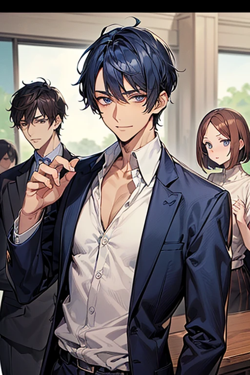 ((masutepiece)), ((Best Quality)), (((Brown skin))), ((dark blue eyes)), ((Dark blue hair))、Handsome man , (((super very short hair、No bangs))), masculine、Tall、A sexy、Adult man、Sanpaku eyes、Black suit、handsome man、firmly、broad shoulders、a smile、1male people