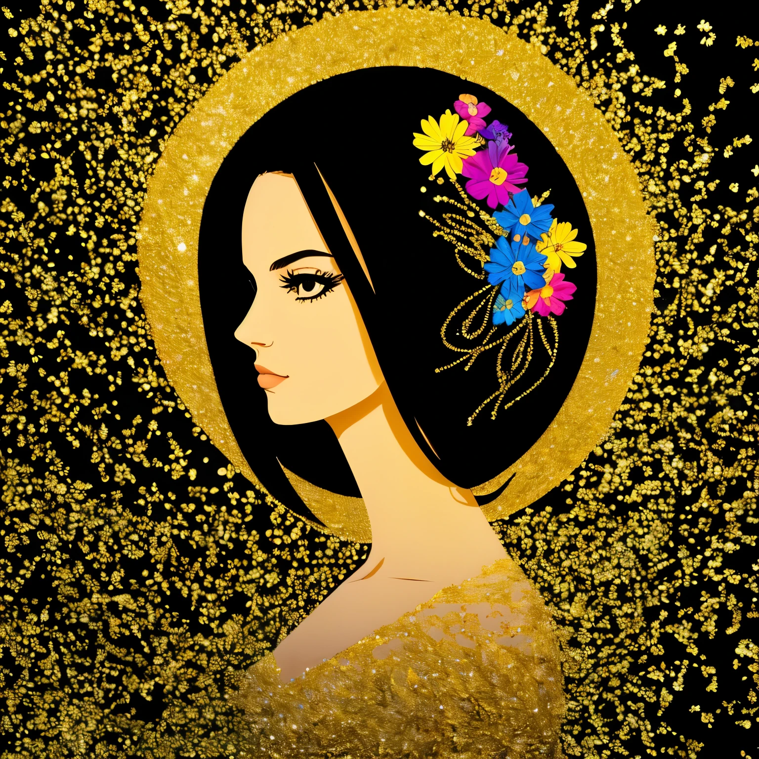 best quality, 32k, RAW photo, incredibly absurdres, extremely detailed, beautiful and mysterious silhouette art of a woman, a black background with gold glitter, and a flower garden made of finely shredded colorful colored paper around it, delicate, flashy and dynamic depiction