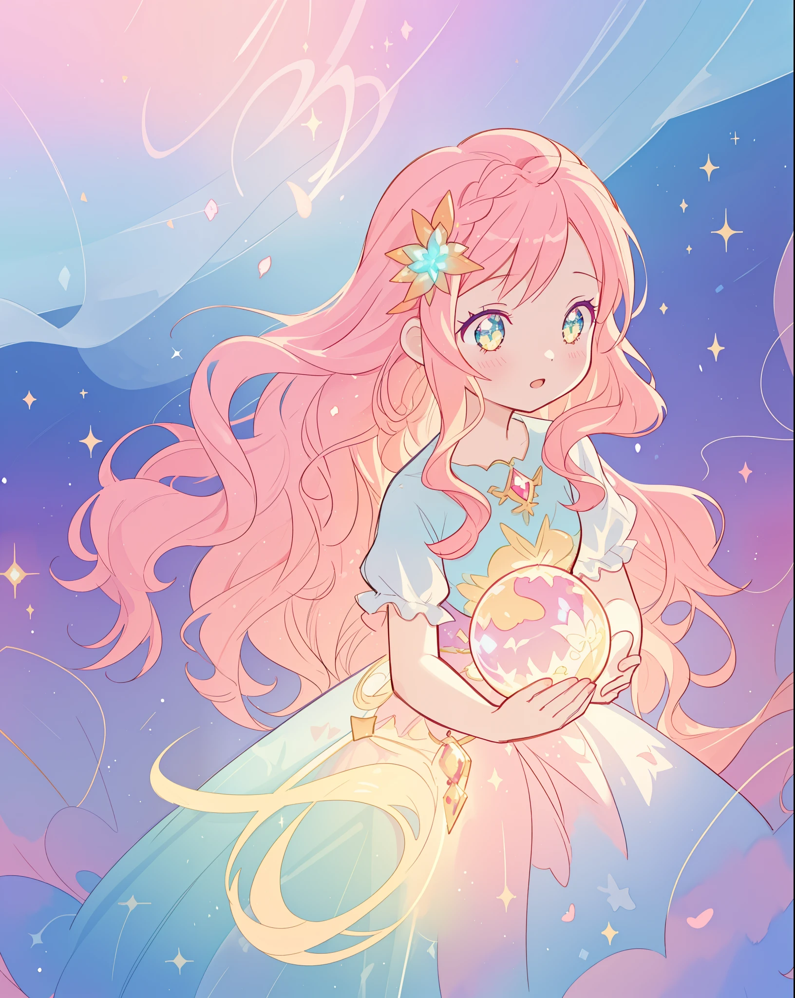 beautiful girl in sparkling gradient ballgown, long wavy peach pink hair, vibrant pastel colors, (colorful), colorful watercolor background, ethereal, magical lights, sparkling liquid light, inspired by Glen Keane, inspired by Lois van Baarle, disney art style, by Lois van Baarle, glowing aura around her, by Glen Keane, jen bartel, glowing lights! digital painting, flowing glowing hair, glowing flowing hair, beautiful digital illustration, fantasia background, whimsical, magical, fantasy, beautiful face, ((masterpiece, best quality)), intricate details, highly detailed, sharp focus, 8k resolution, sparkling detailed eyes, liquid watercolor