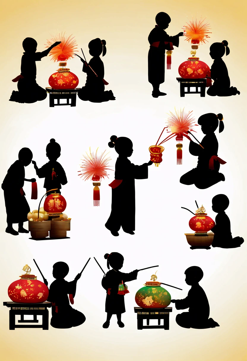 (Silhouette art: 1.8), (China - Chic Chinese New Year New Year's Day, Anatomically correct, fire works,lanterns,Oriental elements), (5 cute kids holding fairy wands,燃放fire works,Gold ingots in hand, Treasures follow), (Chinese color, senior color matching, gradient backgrounds, white backgrounid: 1.5), (The is very detailed, Well designed, Clear lines, k hd, Best quality at best, tmasterpiece, offcial art, movie light effect, 8K)