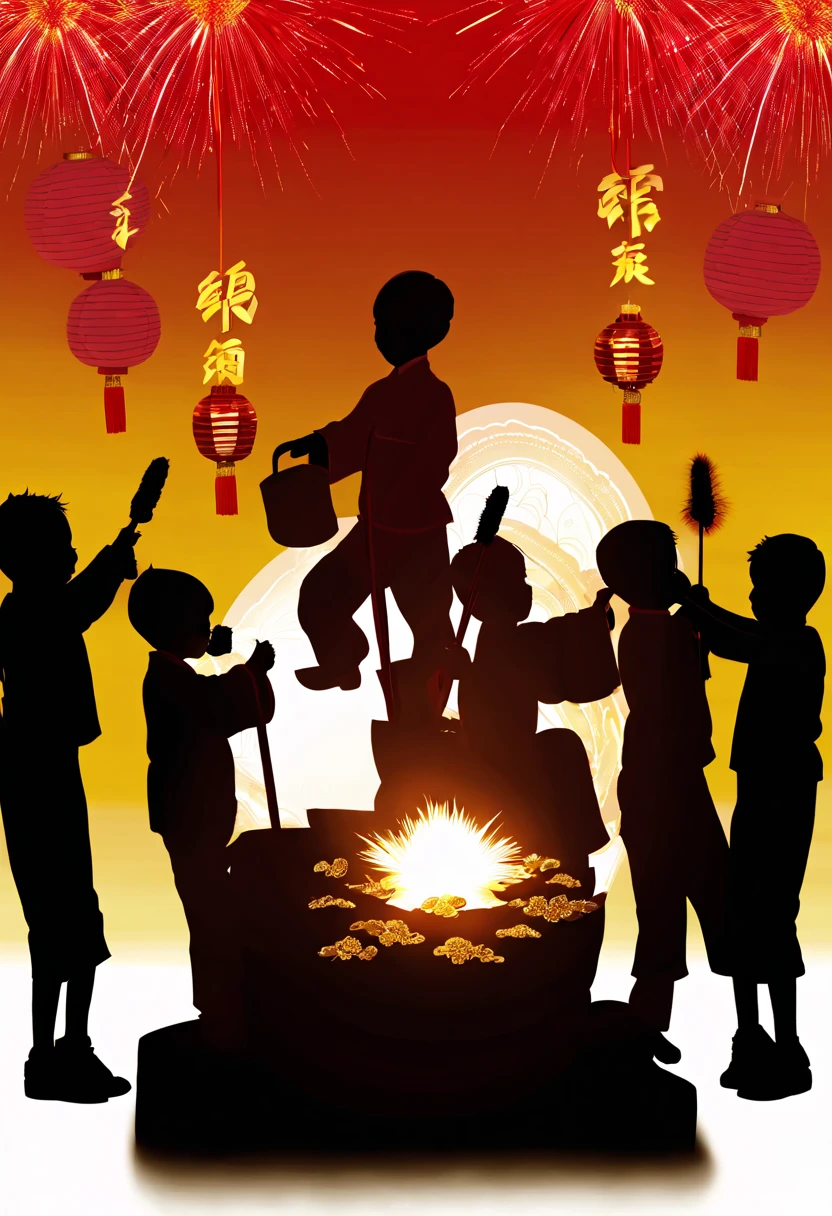 (Silhouette art: 1.8), (China - Chic Chinese New Year New Year&#39;s Day, Anatomically correct, fire works，lanterns，Oriental elements), (5 cute kids holding fairy wands，燃放fire works，Gold ingots in hand, Treasures follow),  (Chinese color, senior color matching, gradient backgrounds, white backgrounid: 1.5), (The is very detailed, Well designed, Clear lines, k hd, Best quality at best, tmasterpiece, offcial art, movie light effect, 8K)