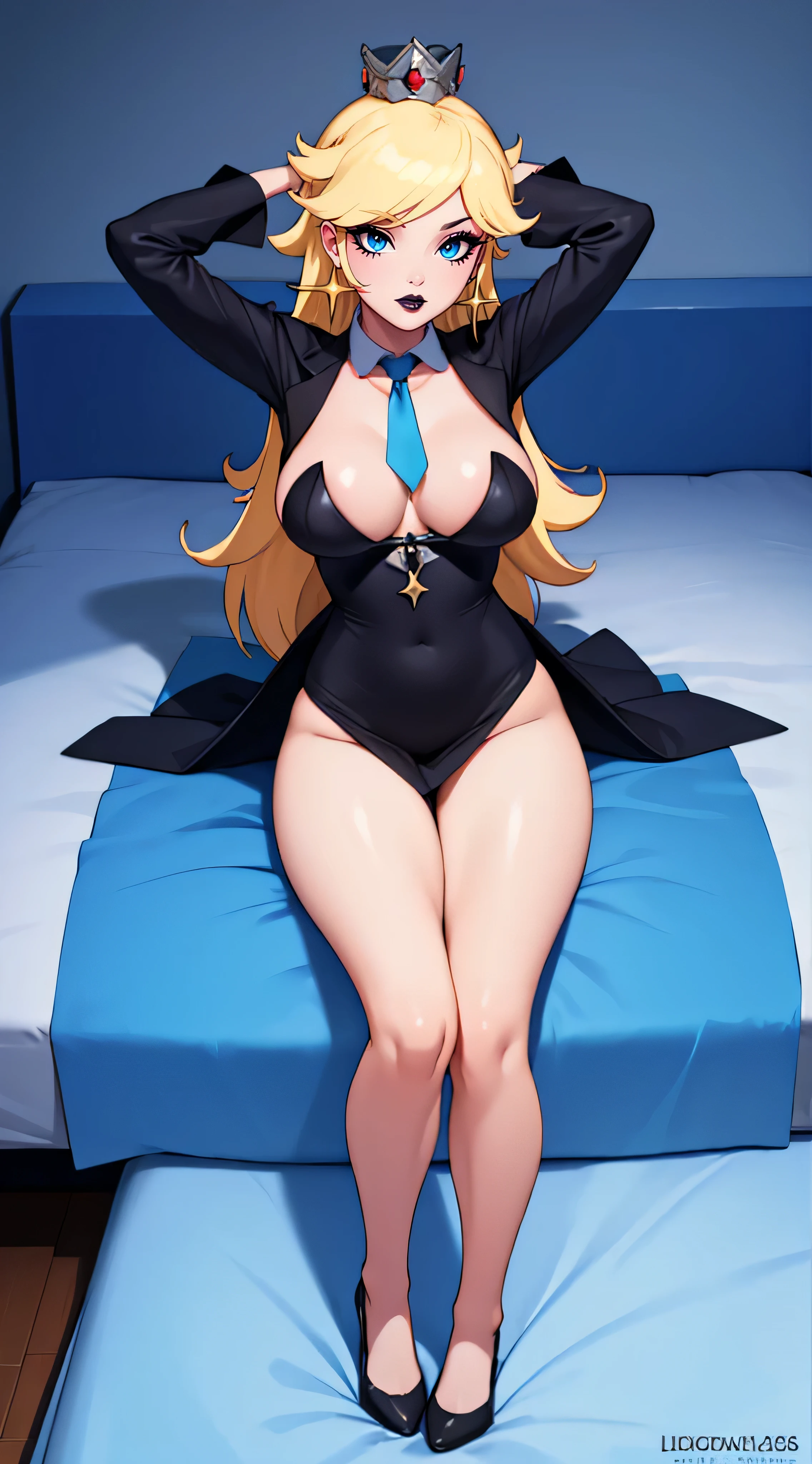 ((high detailed, best quality, 4k, masterpiece, hd:1.3)), BREAK night, window, moonlight, (Hotel Bedroom), Rosalina laying on hotel bed, BREAK neon blue eyes, seductive, attractive, sexy smile, smiling, smooth anime cg art, 36C breasts, long legs, muscular legs, vivid colors, detailed digital art, slim body, perfect skin, blonde hair, long hair, BREAK crown, cleavage, 36C cleavage, looking at viewer, BREAK looking at viewer, extremely detailed face, navy_blue necktie, blue jacket, black shirt, blue pencil skirt, full body, (blue high heels), earrings, gem, dark black makeup lips, dark gothic eyeshadows, dark eyeshadows, black eyeshadows, black sexy lips, black lips, (dark:1.2), dark lips, very dark lips, (perfect hands, perfect anatomy), black makeup, detailed fingers, five fingers per hand, 5 fingers, (1 girl), detailed lips, detailed black lips, black painted lips, gothic painted lips, (breast focus), (breasts out:1.3), (arms rised:1.3), (arms up:1.3), (from above:1.32),