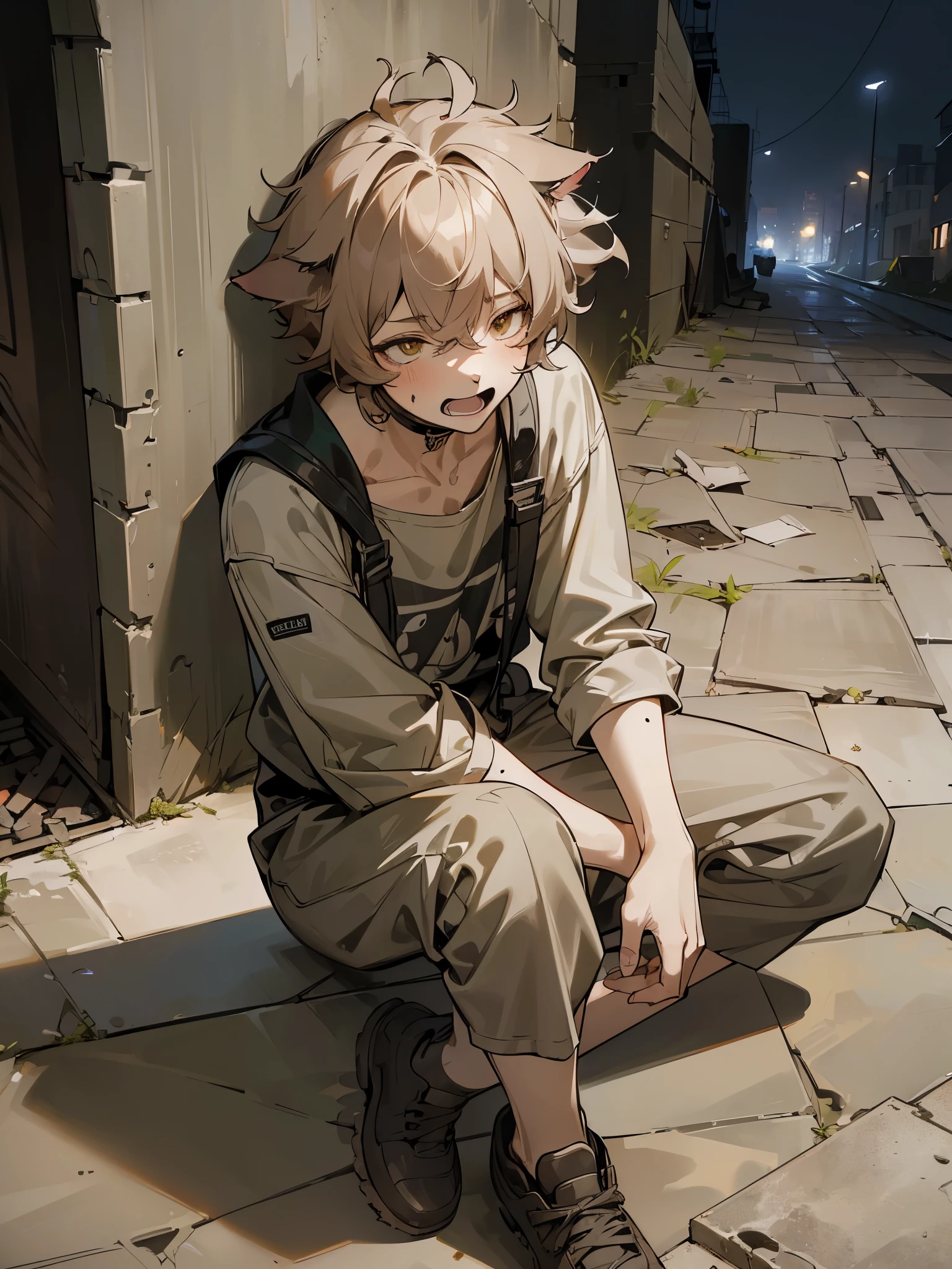 ((Masterpiece)), 8K, cinematic lighting, (very messy hair, dirty Concrete walls), (Sitting on the ground in the alley at night, open mouth, laugh face) slum townscape, Textured skin, (((cat ears))), pale brown hair, Cute boy,boy, (((cat ears)))
