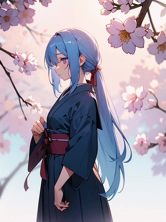 anime girl with light blue hair, Hair in a delicate blue tone, long hair, purple eyes, pony tail hair, revealing japanese high school dress, medium breats, mature factions, very aesthetic detail anime background japanese high school morning sun, sakura flowers
