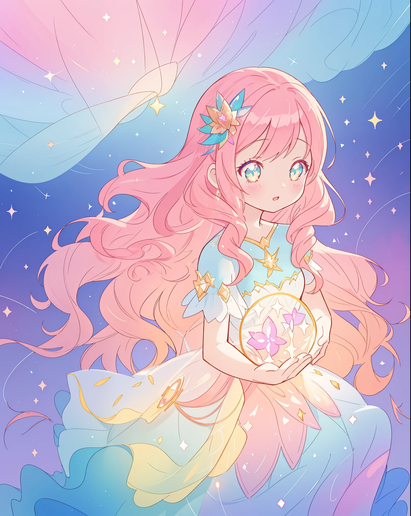 beautiful girl in sparkling gradient ballgown, long wavy peach pink hair, vibrant pastel colors, (colorful), colorful watercolor background, ethereal, magical lights, sparkling liquid light, inspired by Glen Keane, inspired by Lois van Baarle, disney art style, by Lois van Baarle, glowing aura around her, by Glen Keane, jen bartel, glowing lights! digital painting, flowing glowing hair, glowing flowing hair, beautiful digital illustration, fantasia background, whimsical, magical, fantasy, beautiful face, ((masterpiece, best quality)), intricate details, highly detailed, sharp focus, 8k resolution, sparkling detailed eyes, liquid watercolor