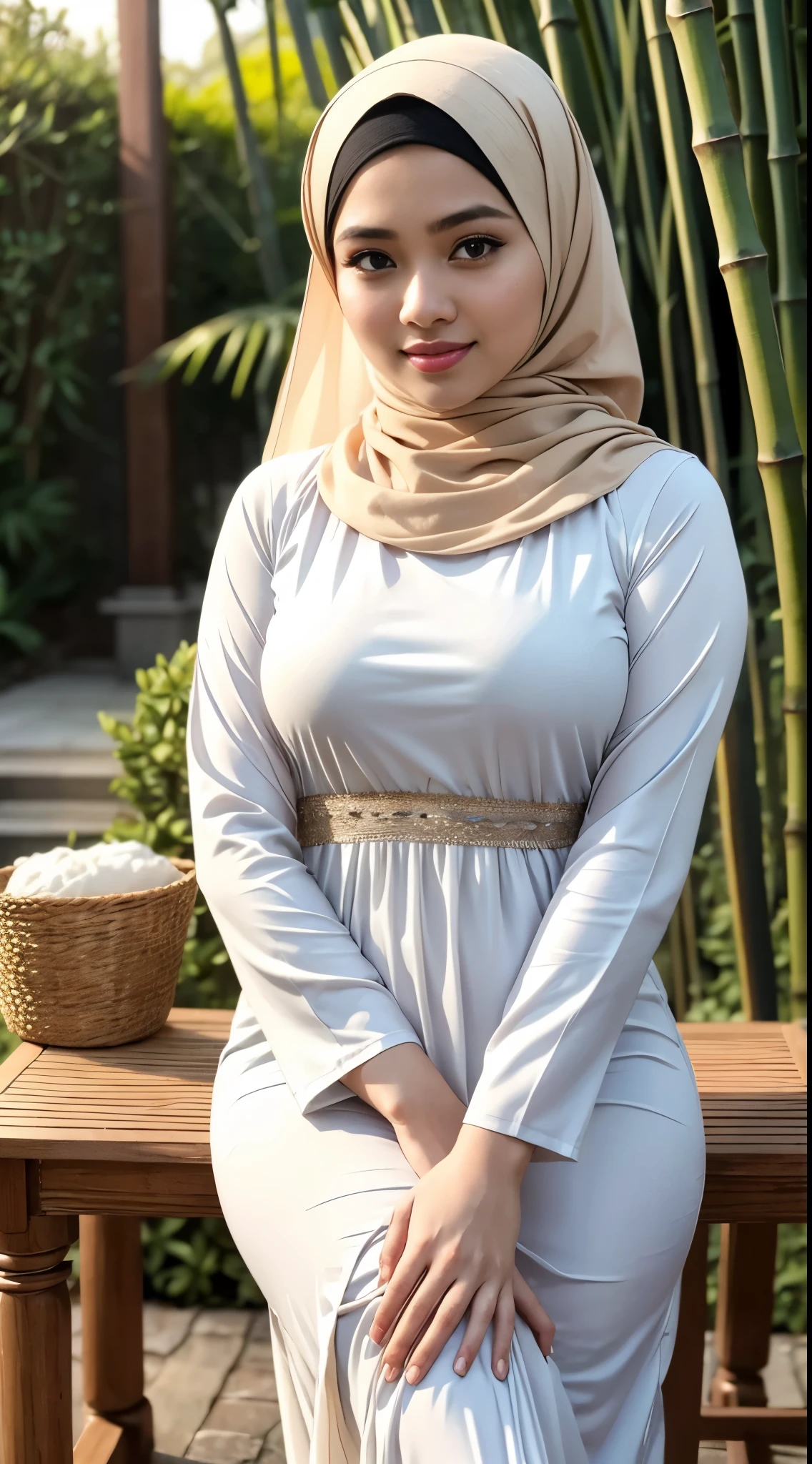 ( Close Up),RAW, Best quality, high resolution, masterpiece: 1.3), beautiful Malay woman in hijab, Masterpiece, perfect fit body, (big breasts), beautiful big eyes, Soft smile, thick thighs, beautiful face, woman standing on on a bamboo bench, wearing a white long (( baju kurung)), extraordinary beauty, beautiful masterpiece, beautiful long baju kurung, very beautiful style, wearing original baju kurung, beautiful masterpieces, great masterpieces, masterpieces of art, photos of women, hijab, Malay women , Good lighting, Bright colors, Clean lines