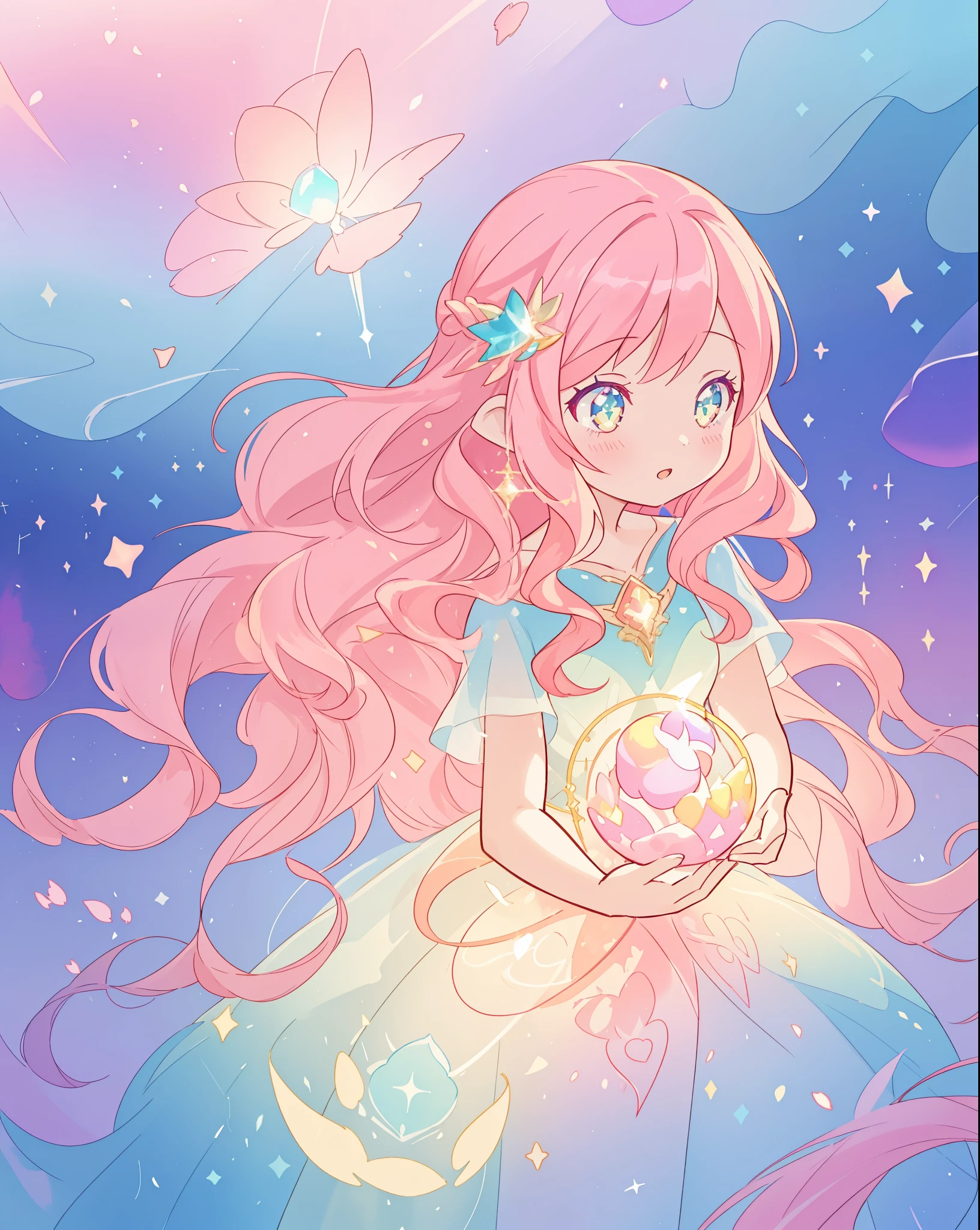 beautiful girl in sparkling gradient ballgown, long wavy peach pink hair, vibrant pastel colors, (colorful), colorful watercolor background, ethereal, magical lights, sparkling liquid light, inspired by Glen Keane, inspired by Lois van Baarle, disney art style, by Lois van Baarle, glowing aura around her, by Glen Keane, jen bartel, glowing lights! digital painting, flowing glowing hair, glowing flowing hair, beautiful digital illustration, fantasia background, whimsical, magical, fantasy, beautiful face, ((masterpiece, best quality)), intricate details, highly detailed, sharp focus, 8k resolution, sparkling detailed eyes, liquid watercolor
