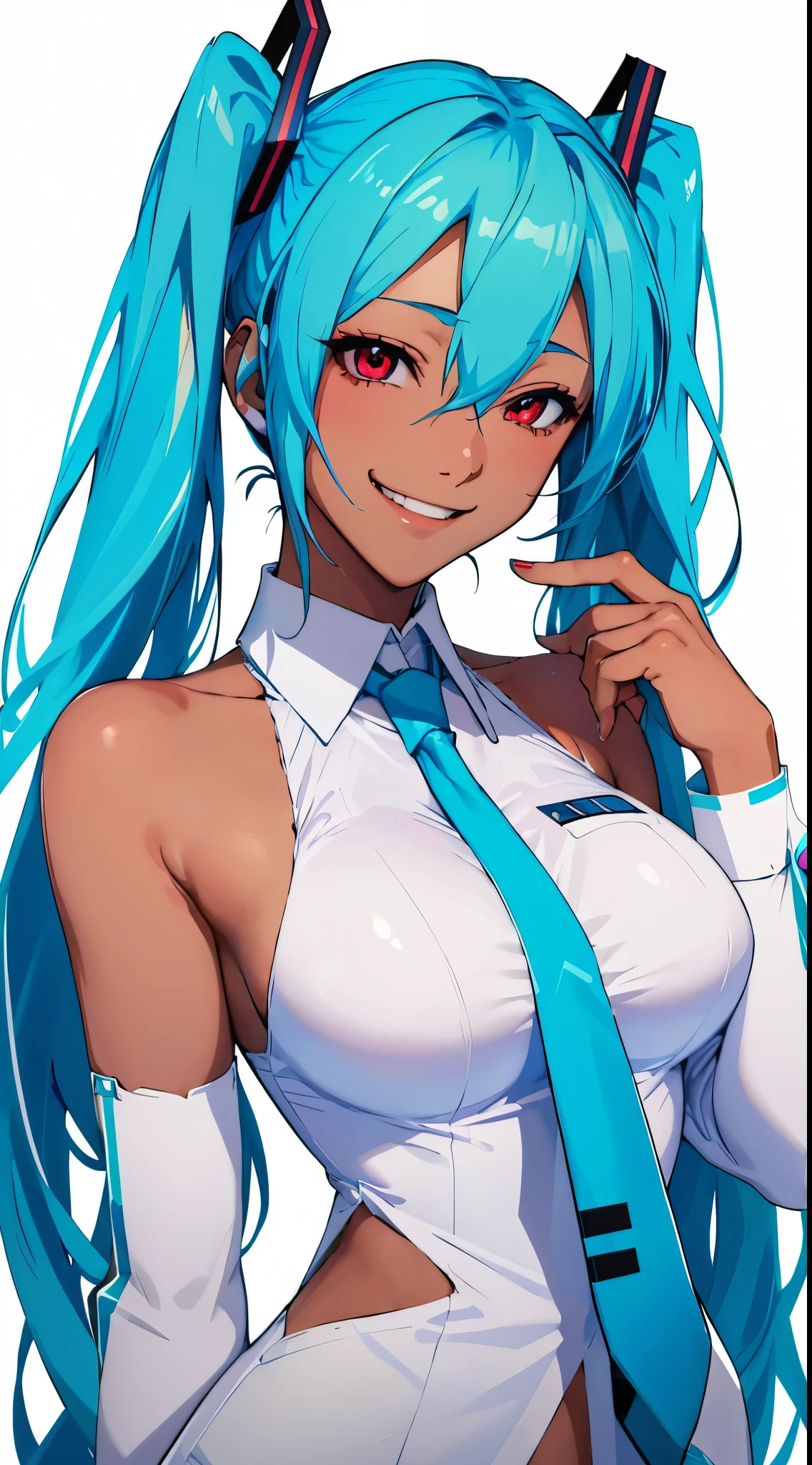 tmasterpiece, Big breasts Hatsune Miku, white  shirt, a blue tie, of shoulders, Split sleeves, smiling face, Dark skin, red eyes, 黑The eye, Pupil orange,