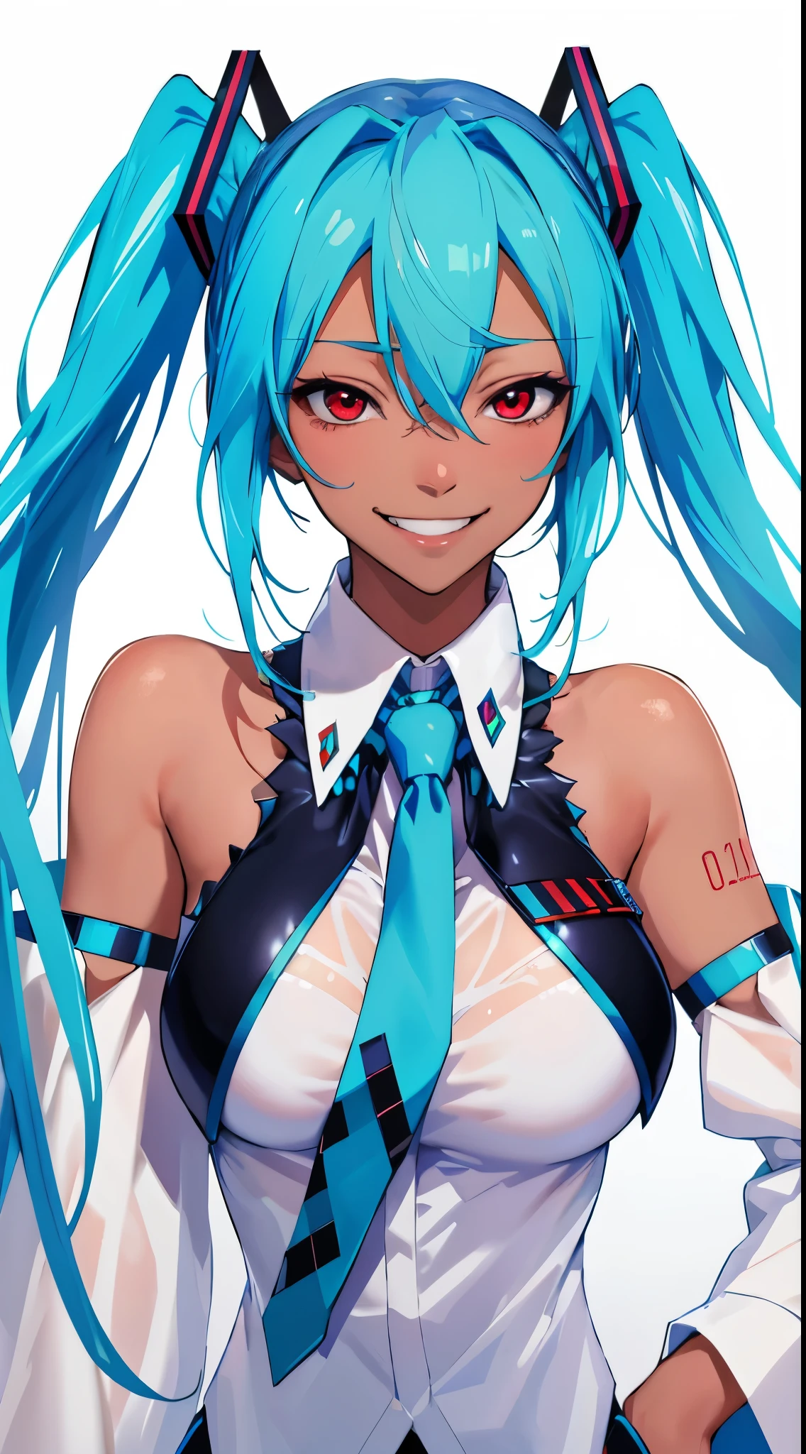 tmasterpiece, Big breasts Hatsune Miku, white  shirt, a blue tie, of shoulders, Split sleeves, smiling face, Dark skin, red eyes, 黑The eye, Pupil orange,