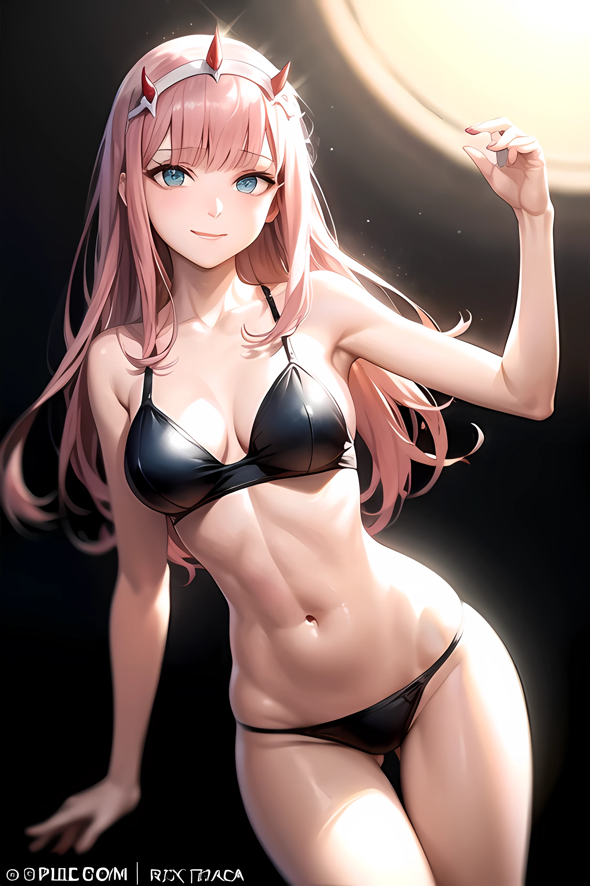 ((Zero Two Darling en el Franxx)), 8k, Obra maestra, Smile at the camera, La mejor calidad, fotorrealista, Ultra detallado, 1 girl, textura realista de la piel, senos grandes, Mira hacia el espectador, , Camiseta suelta de medio corte,, Underboobs, debajo de los senos, Micro mini falda, , movie lighting, Enfoque facial, Ojos finos, Cara detallada, Cara bien iluminada, Rayos de sol, Bailar en un ambiente ciberpunk, Low-angle shot, Vista desde abajo