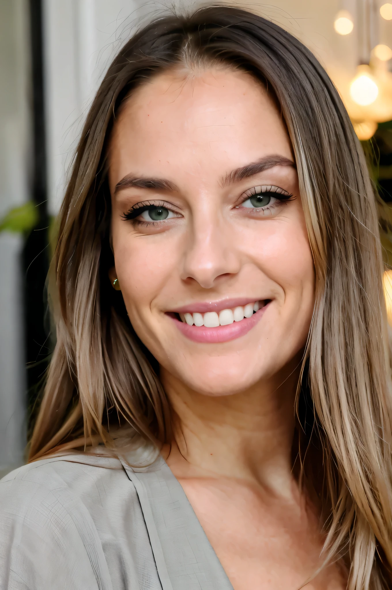 beautiful elegant european 35years old woman, long hair, green and grey eyes, perfect face, broad portrait, natural colours, wearing light clothing, smiling, natural make up. at the gym