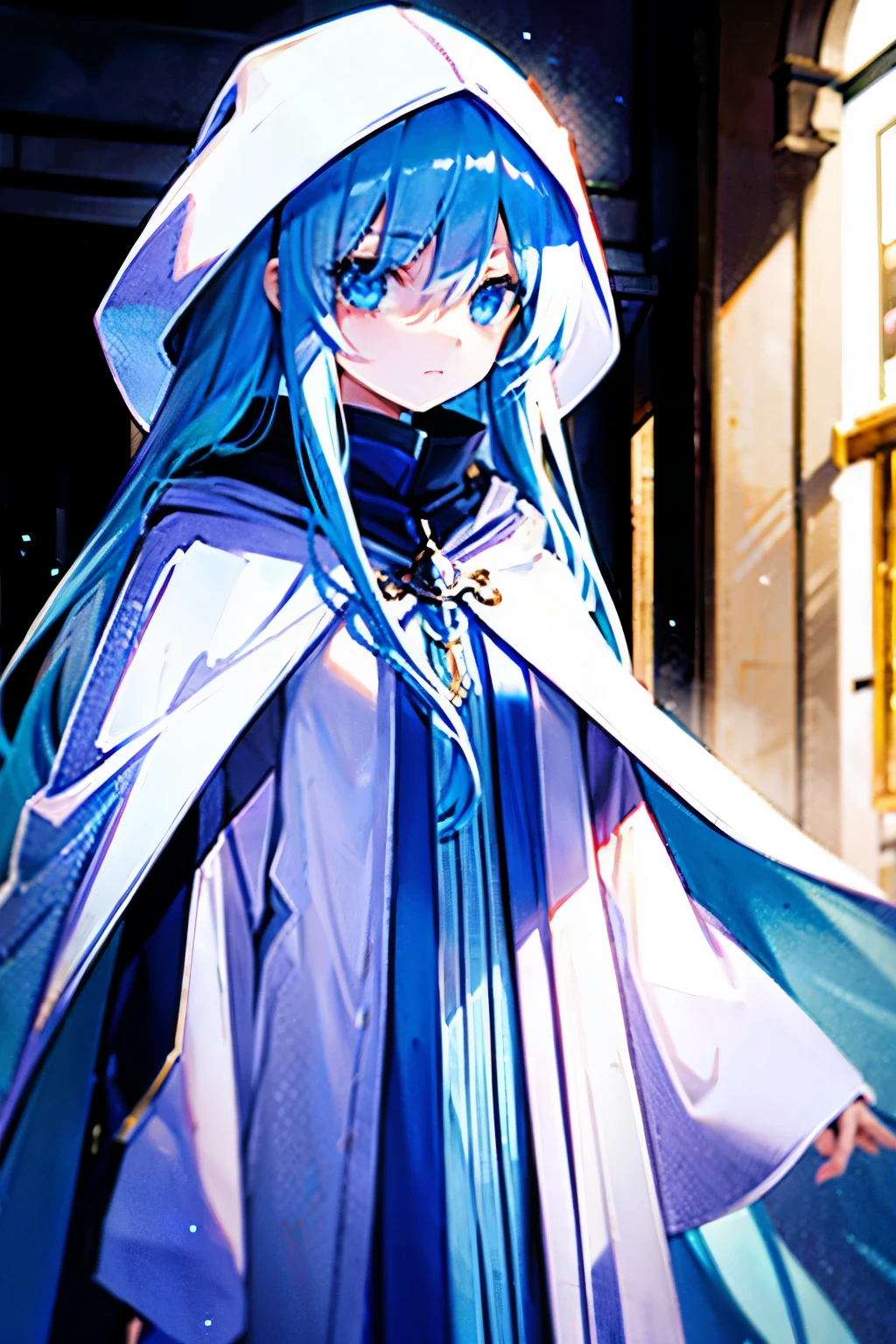 1girl, blue eyes, light blue hair, long hair, cloak, sad, --upanime --ar 2:3