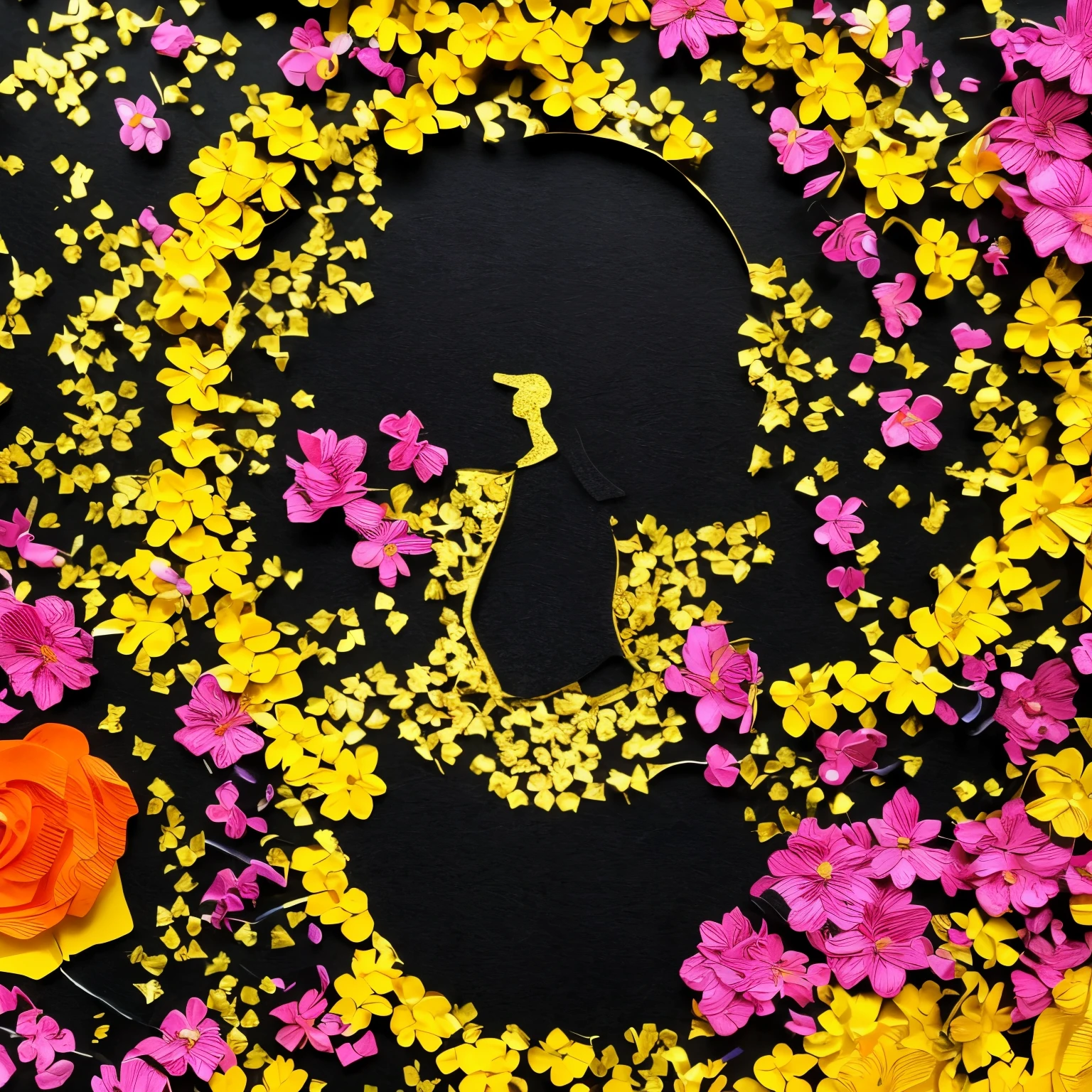 best quality, 32k, RAW photo, incredibly absurdres, extremely detailed, beautiful and mysterious silhouette art of a woman, a black background with gold glitter, and a flower garden made of finely shredded colorful colored paper around it, delicate, flashy and dynamic depiction