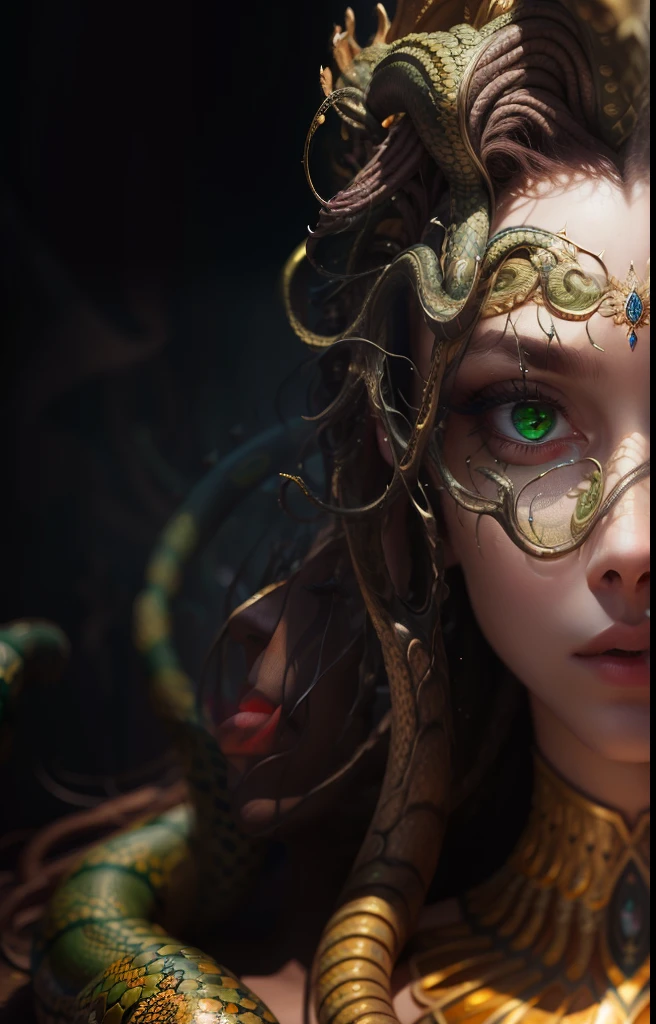 ((best quality)), ((masterpiece)), ((realistic)), Medusa, full body, the hair is composed of countless small snakes, green eyes, female face, metal carved top, royal aura, trend on artstation , sharp focus, studio photo, intricate detail, very detailed, detailed eye, illustration, very detailed, sharp focus, digital render, professional, 4k