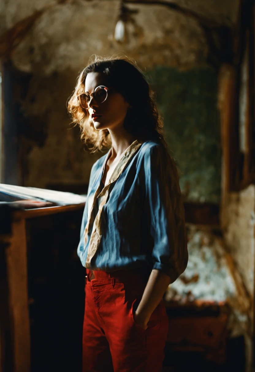 close up photography with motion blur, a blue long haired woman wearing glasses and red jeans, rtx on, i can't believe how beautiful this is, red and amber, A psychotic, mentally ill, in a psychiatric hospital, doble exposition with a eerie silluethe, dark bedroom, roaring 1650's style, grainy color film, dim light, multi exposure, chiaroscuro, Saul Leiter and david hamilton style art photography