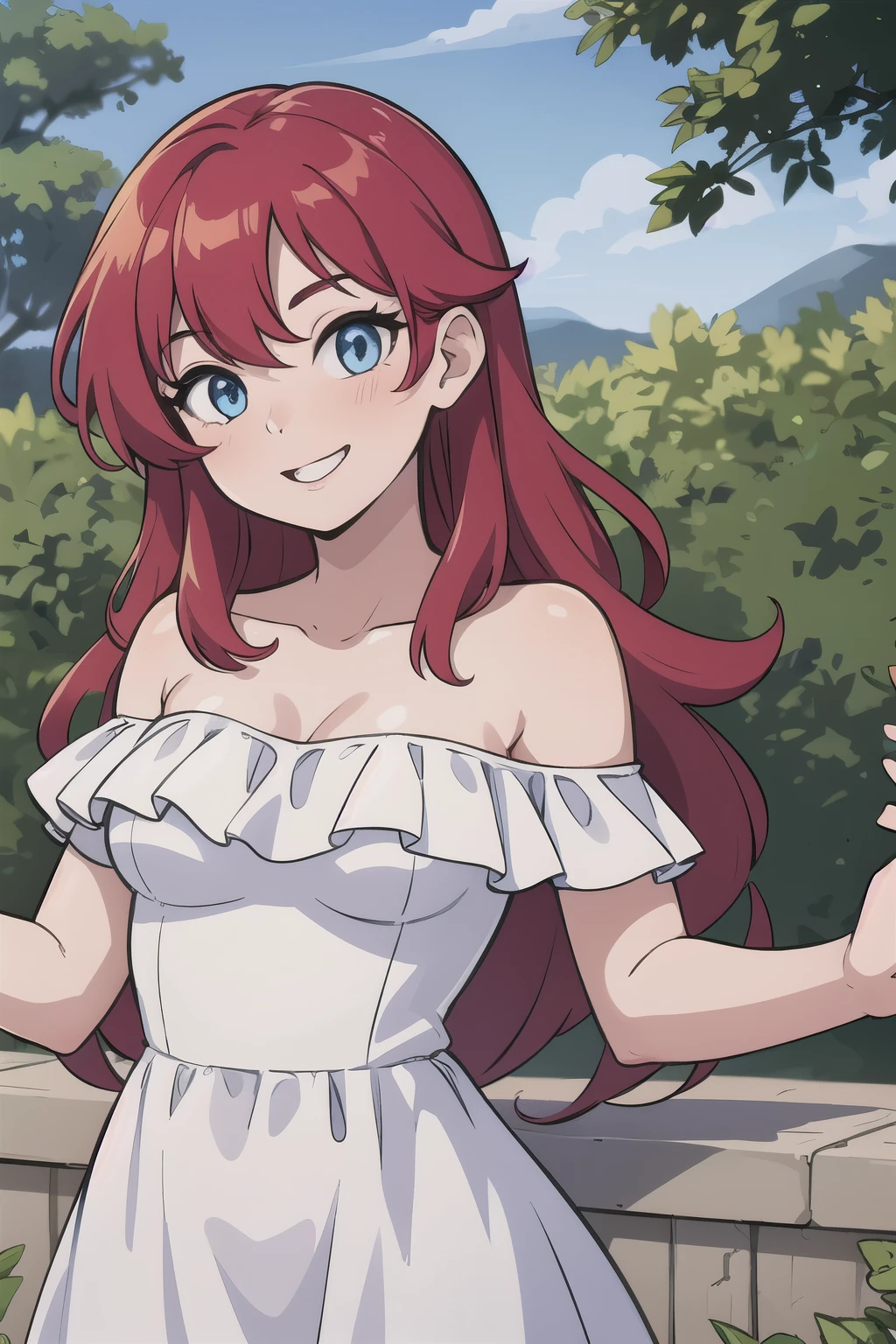 Ariel, long red hair, blue eyes, happy, 1 girl, solo, Bare Neck, Bare Arms, Bare Shoulders, White Dress, Strapless White Dress, Lace Off-shoulder top, Ruffle Off-the-Shoulder Top, Long Skirt, Garden Background,