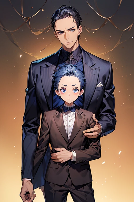 ((masutepiece)), ((Best Quality)), (((Brown skin))), ((dark blue eyes)), ((Dark blue hair))、Handsome man , (((very, very short hair、Forehead))), masculine、Tall、A sexy、Adult man、Sanpaku eyes、Black suit、handsome man、firmly、broad shoulders、An open-mouthed smile、1male people、The upper part of the body