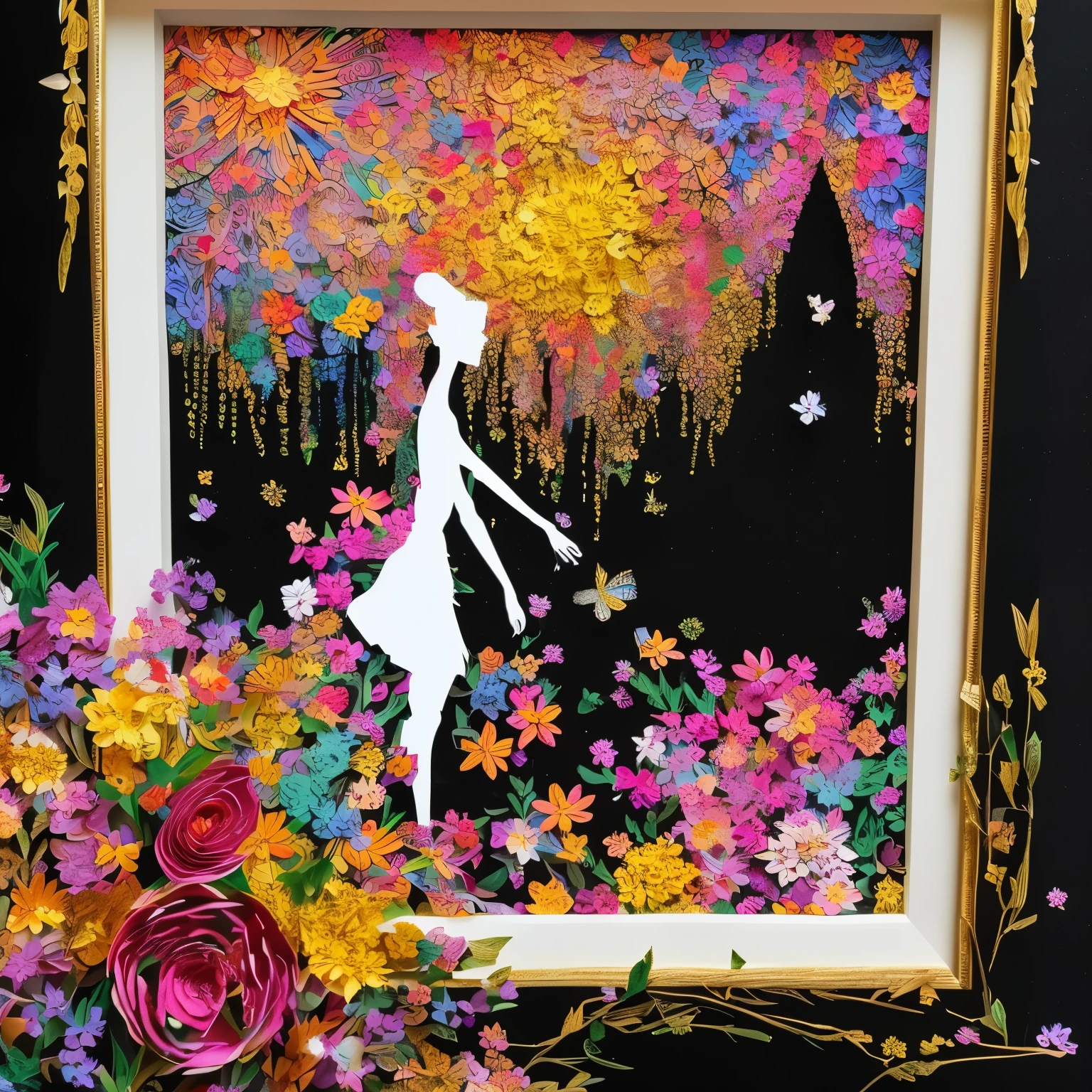 best quality, 32k, RAW photo, incredibly absurdres, extremely detailed, beautiful and mysterious silhouette art of a woman, (flower garden made of finely shredded colorful colored paper around it:1.1), delicate, flashy and dynamic depiction, background black with gold glitter