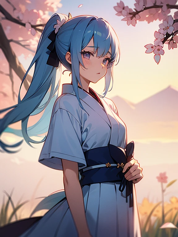 anime girl with light blue hair, Hair in a delicate blue tone, long hair, purple eyes, pony tail hair, revealing high school dress, medium breats, mature factions, very aesthetic detail anime background japanese high school, morning sun, sakura flowers