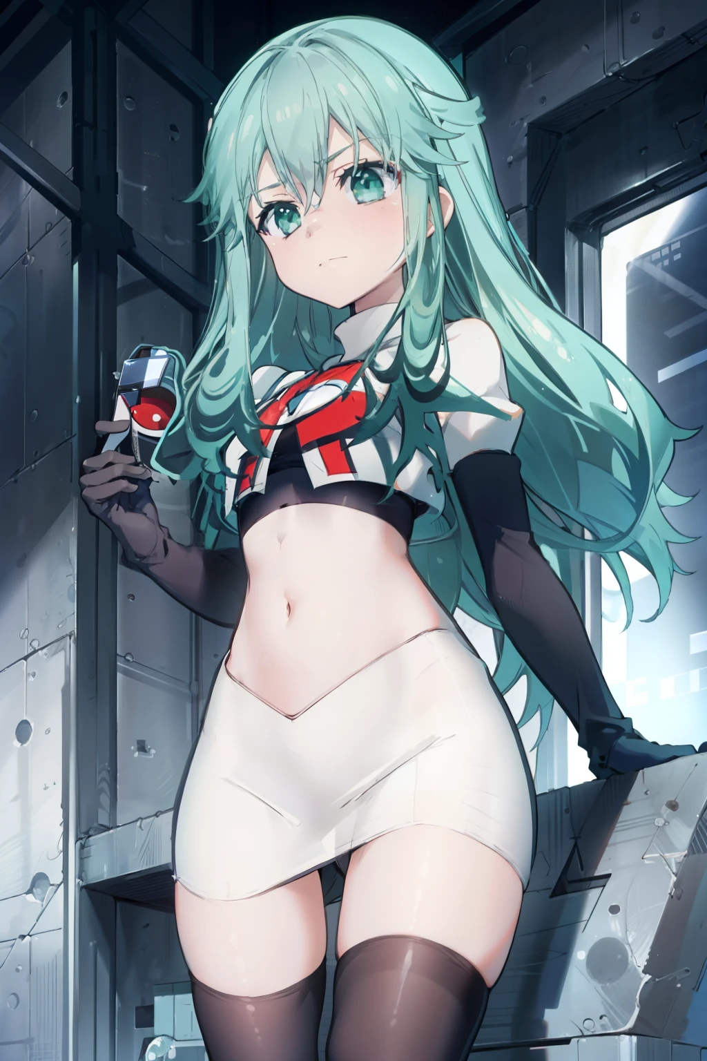 (((pixel-perfect, detail-perfect))), solo, 1girl, natsumi kyouno_small, team rocket,team rocket uniform,white skirt,red letter R,crop top,black thigh-highs,black elbow gloves