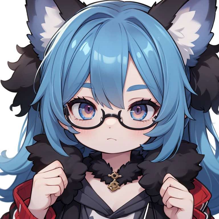 1girll,red fox,black and blue fur,blue hairs,with brown eye,Gray eyebrowlack glasses