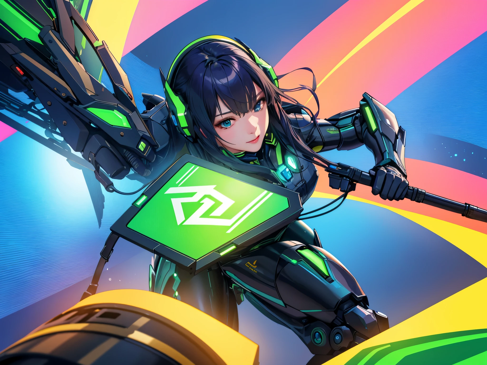 Highest image quality, excellent detail, 超高分辨率, (Realistis: 1.4), The best illustrations, Offer details, Highly concentrated 1girl, Has a delicate and beautiful face, Dressed in black and green mechs, wearing a mech helmet, holding direction, riding motorcycles, The background is a high-tech light scene of the future city. 超Realistis插画, 超Realistis渲染, clean digital render, photo realistic render, 超Realistis插画