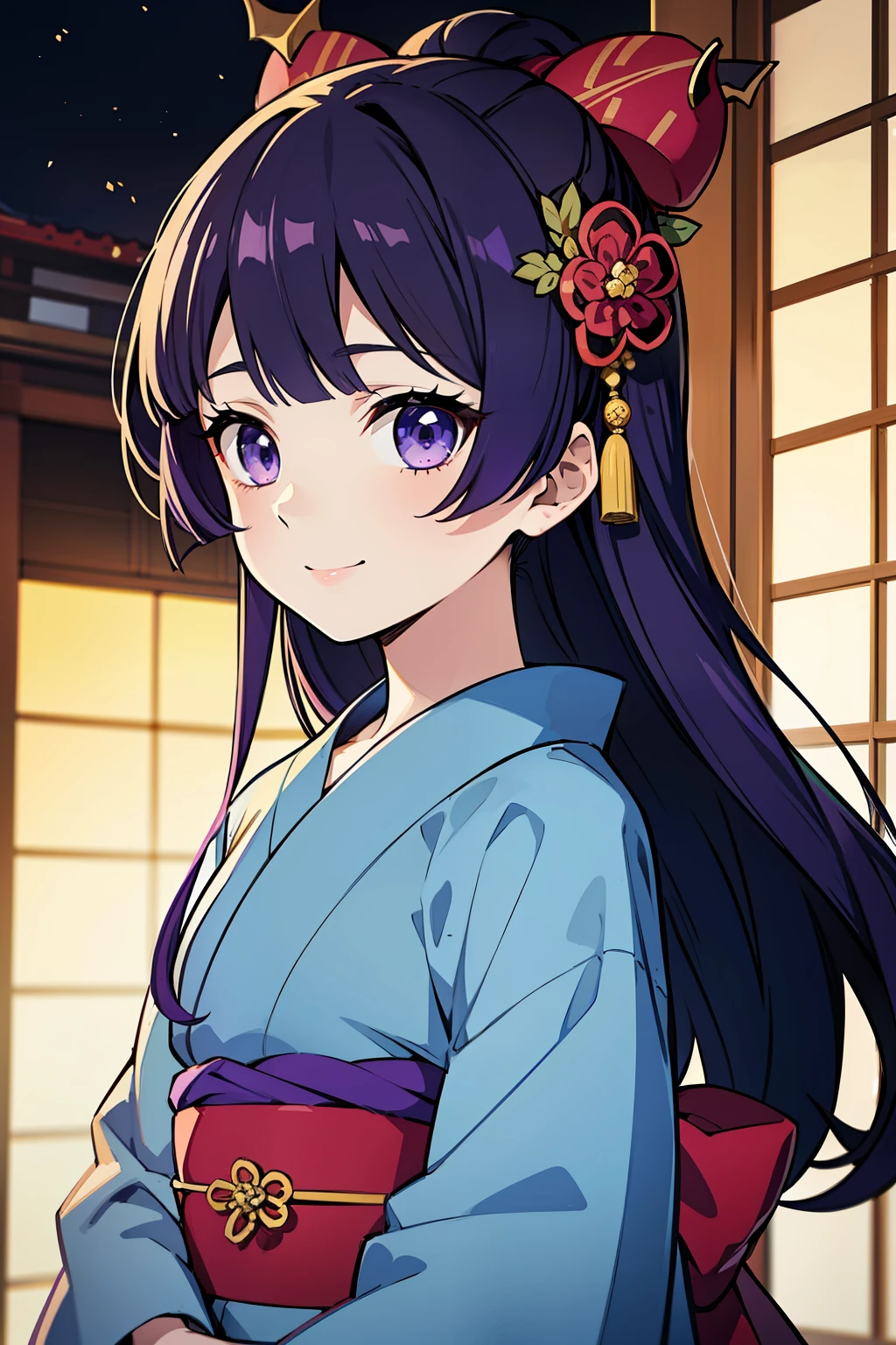 (high-quality, breathtaking),(expressive eyes, perfect face) ((yukata)), 1girl, female, solo, young child , light black and purplehair, streaks in hair, indigo coloured eyes, gentle smile, medium length hair, loose hair, side bangs, curley hair, japanese clothing, elegant, soft make up, hair pin accessory in hair, oiran, demon slayer art style, wears a hyottoko mask