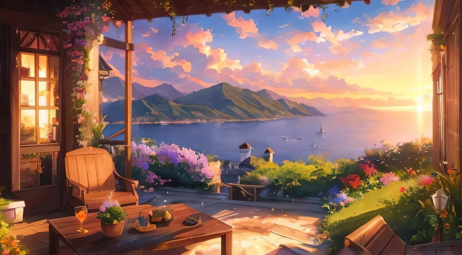 a painting of a man sitting on a porch overlooking a lake, scenery artwork, ross tran. scenic background, beautiful anime scenery, anime beautiful peace scene, beautiful anime scene, scenery art detailed, anime scenery, relaxing concept art, beautiful art uhd 4 k, beautiful detailed scene, detailed painting 4 k, 4k highly detailed digital art, by Alexander Kucharsky