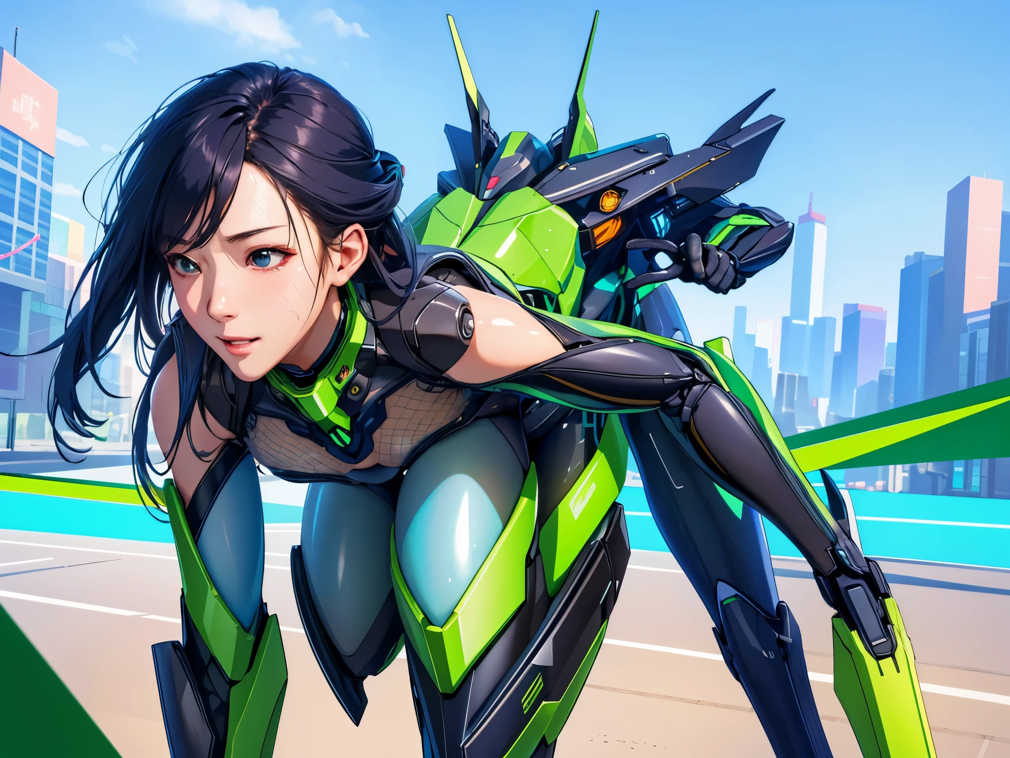 Highest image quality, excellent detail, 超高分辨率, (Realistis: 1.4), The best illustrations, Offer details, Highly concentrated 1girl, Has a delicate and beautiful face, Dressed in black and green mechs, wearing a mech helmet, holding direction, riding motorcycles, The background is a high-tech light scene of the future city. 超Realistis插画, 超Realistis渲染, clean digital render, photo realistic render, 超Realistis插画