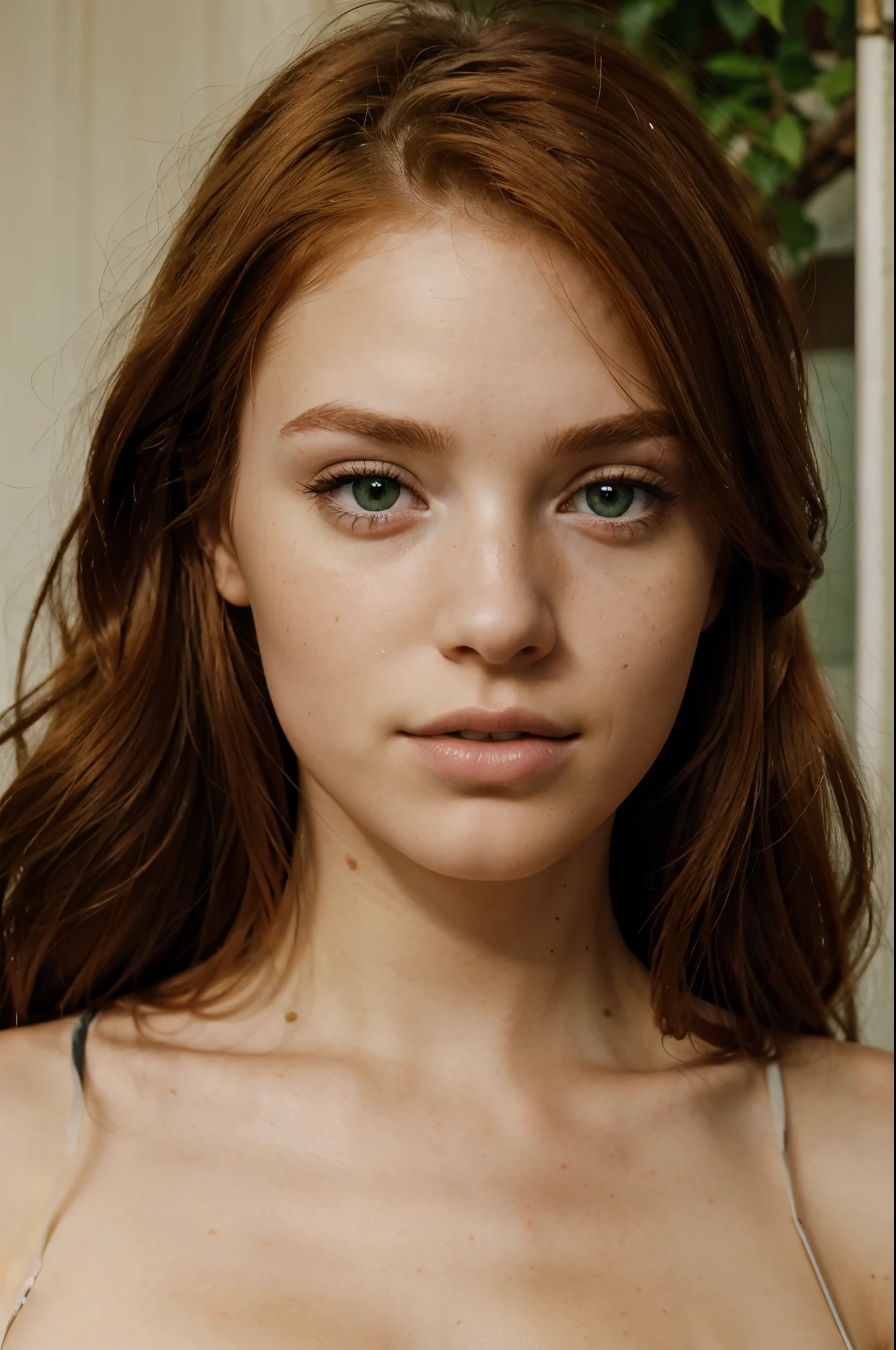 (close-up editorial photo of 20 yo woman, ginger  hair, slim American sweetheart), (freckles:0.8), (lips parted), realistic green eyes, POV, realistic[:, (film grain, 25mm, f/1.2, dof, bokeh, beautiful symmetrical face, perfect sparkling eyes, well defined pupils, high contrast eyes, ultra detailed skin, skin pores, vellus hair, fabric stitching, fabric texture, wood grain, stone texture, finely detailed features:1):0.9]