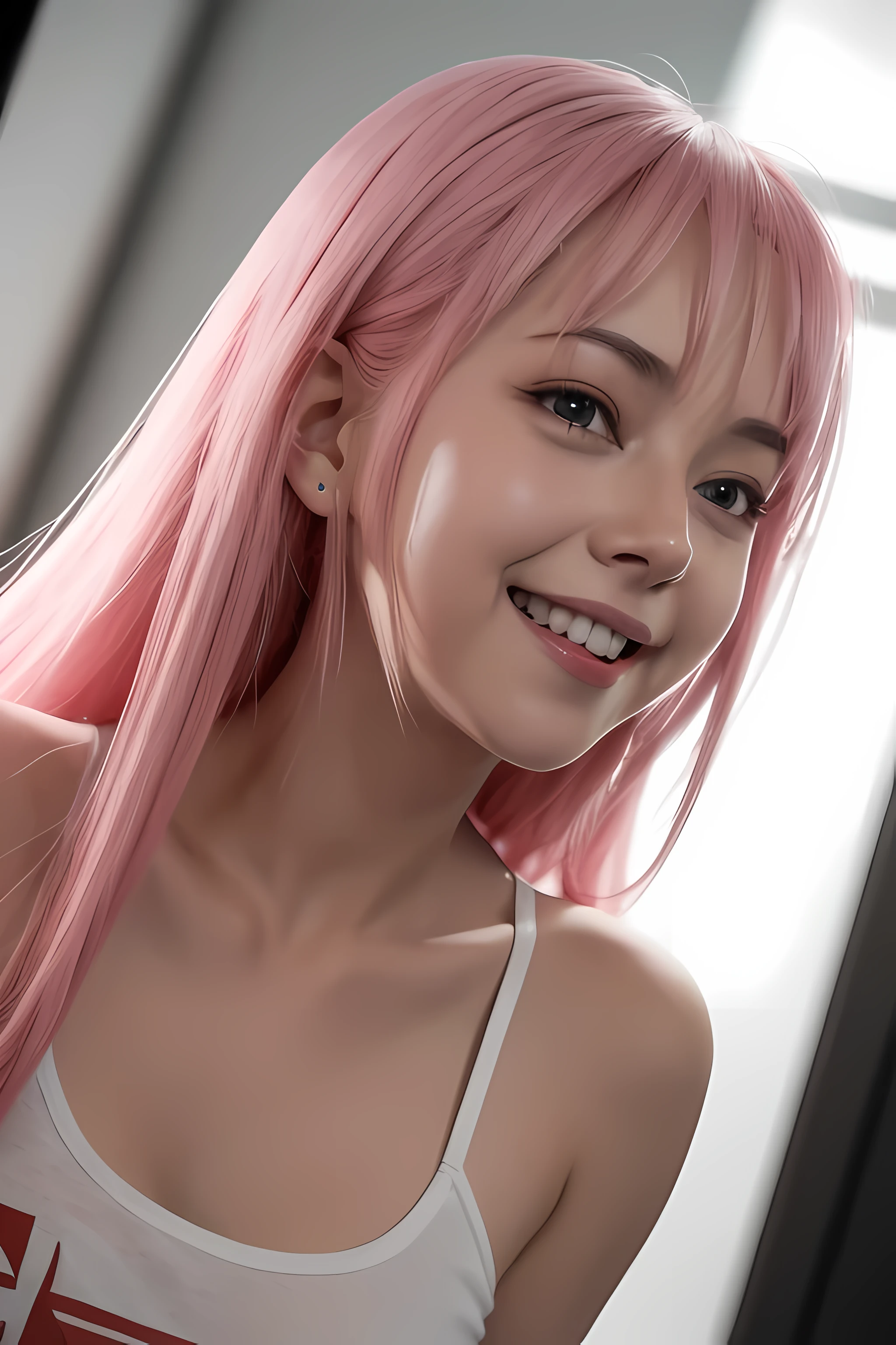official art, Best Quality, ultra-detailed, high resolution, unity 8k wallpaper, extremely detailed CG, Perfect female figure, small breasts, beautiful girl,1girl,cute girl and idol face, young face, smile, Beautiful long pink hair, twintails, Beautiful shining red eyes, white skin, Short body, topless, white panties and stockings