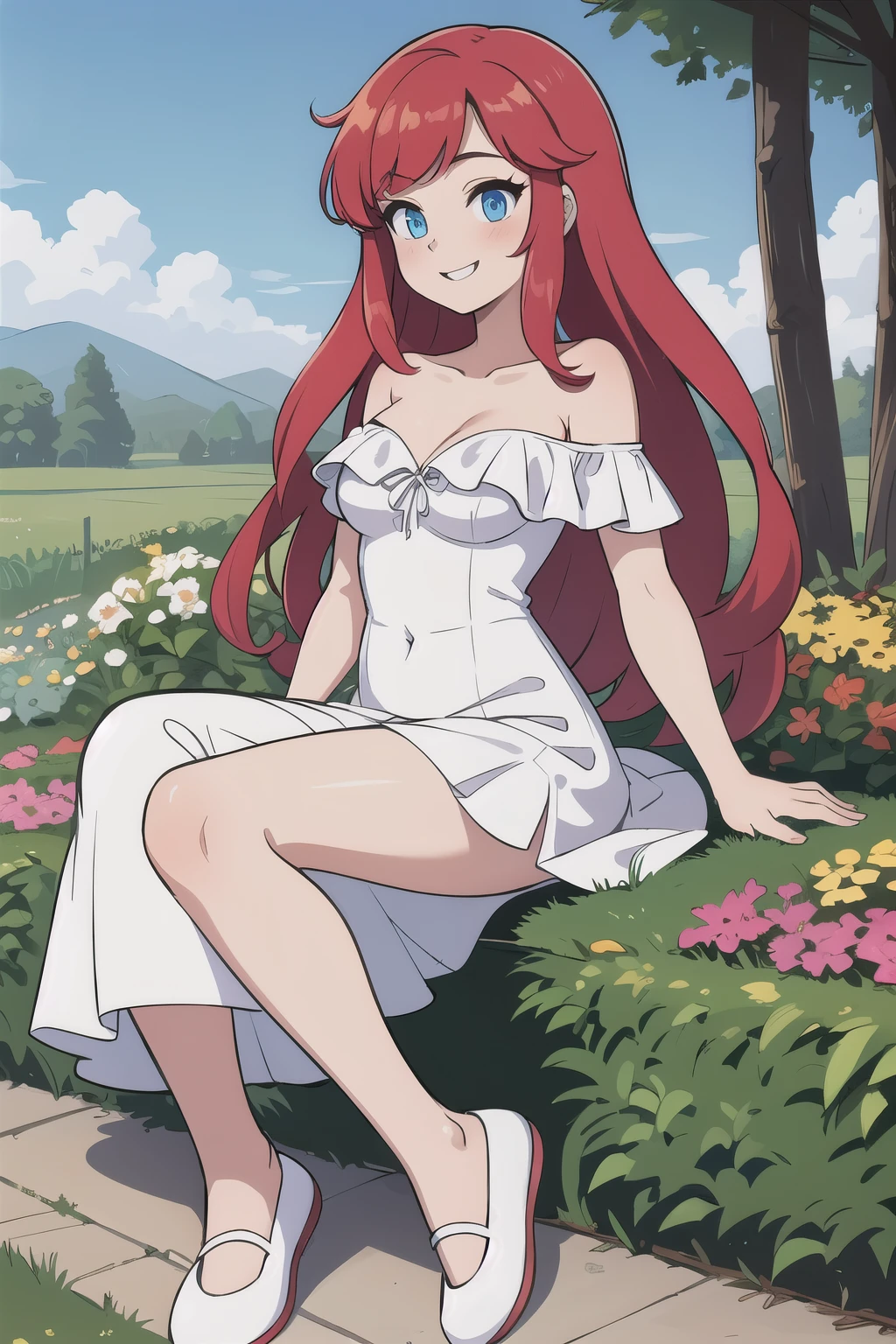 Ariel, long red hair, blue eyes, happy, 1 girl, solo, Bare Neck, Bare Arms, Bare Shoulders, White Dress, Strapless White Dress, Lace Off-shoulder top, Ruffle Off-the-Shoulder Top, Long Skirt, white slippers, Garden Background,