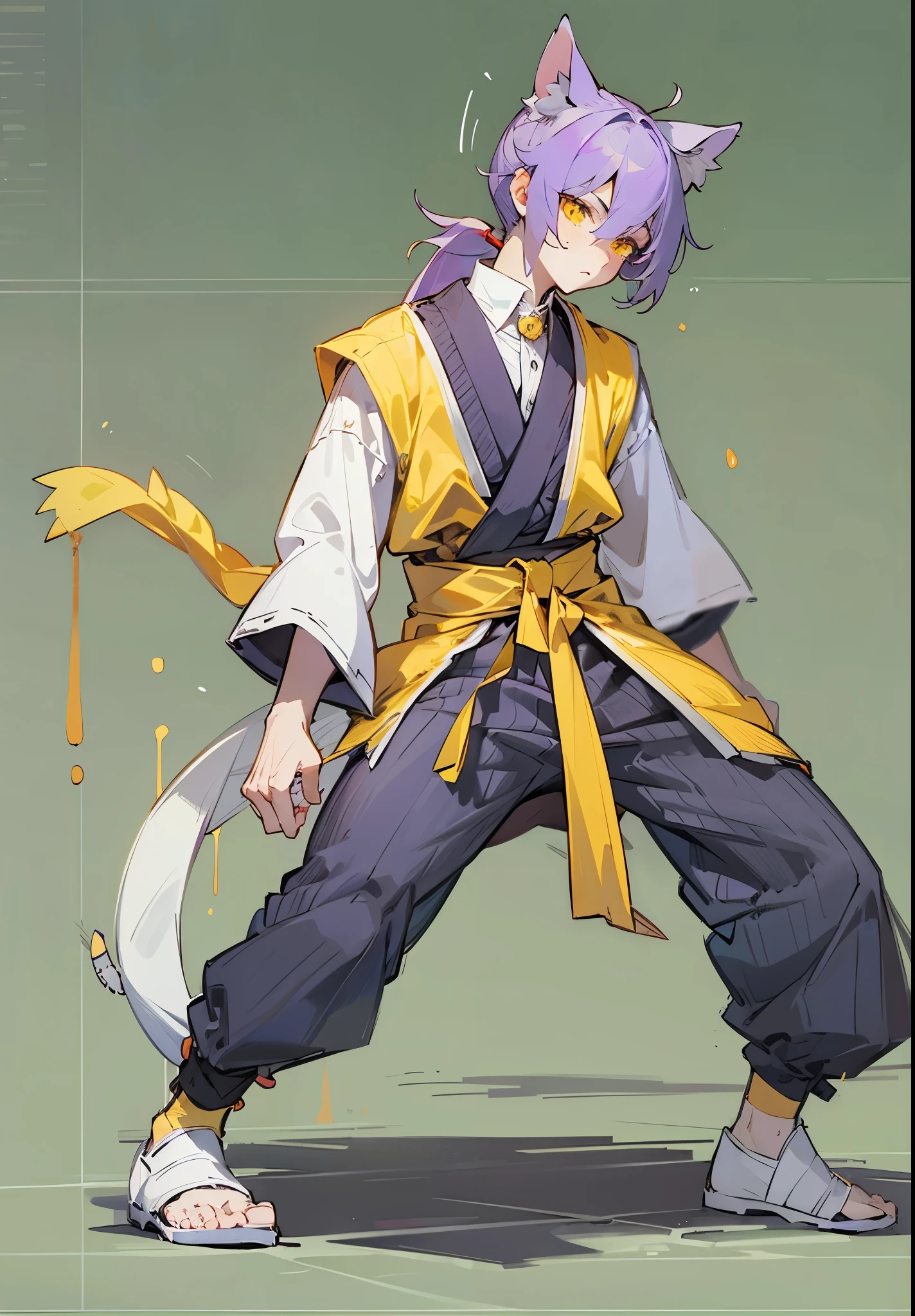 1male, Adult, purple hair, yellow eyes, cat ears, tired, ponytail, Purple and yellow and white martial arts outfit