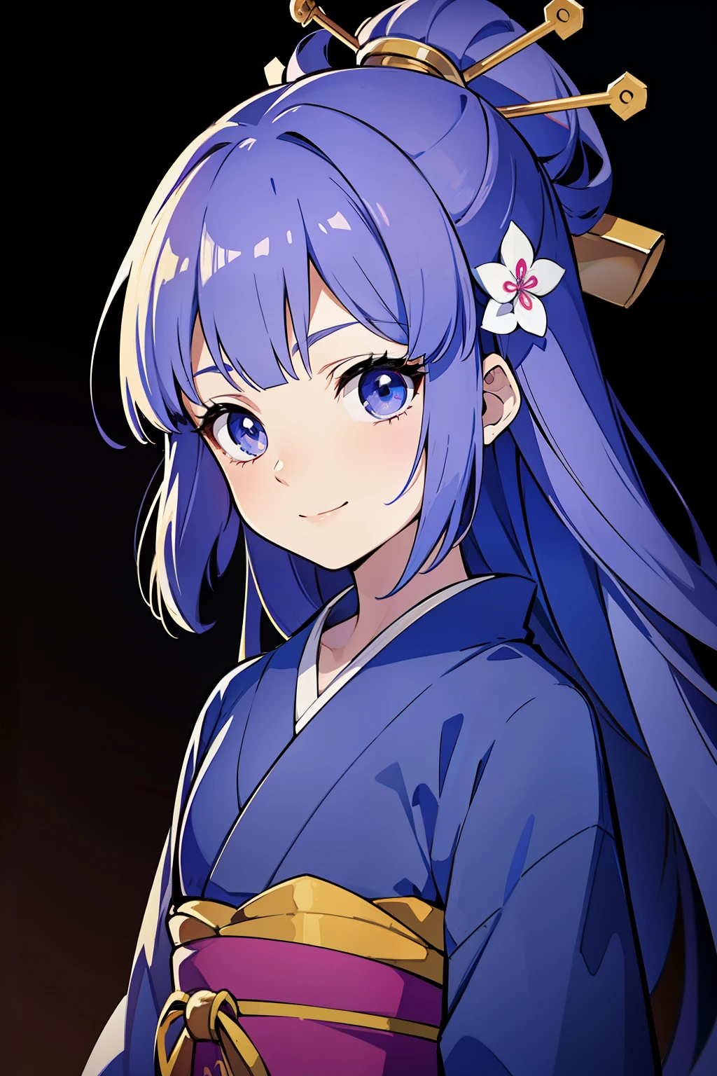 (high-quality, breathtaking),(expressive eyes, perfect face) ((yukata)), 1girl, female, solo, young child , light purple and blue hair, streaks in hair, indigo coloured eyes, gentle smile, long length hair, loose hair, side bangs, curley hair, japanese clothing, elegant, soft make up, hair pin accessory in hair, oiran, demon slayer art style