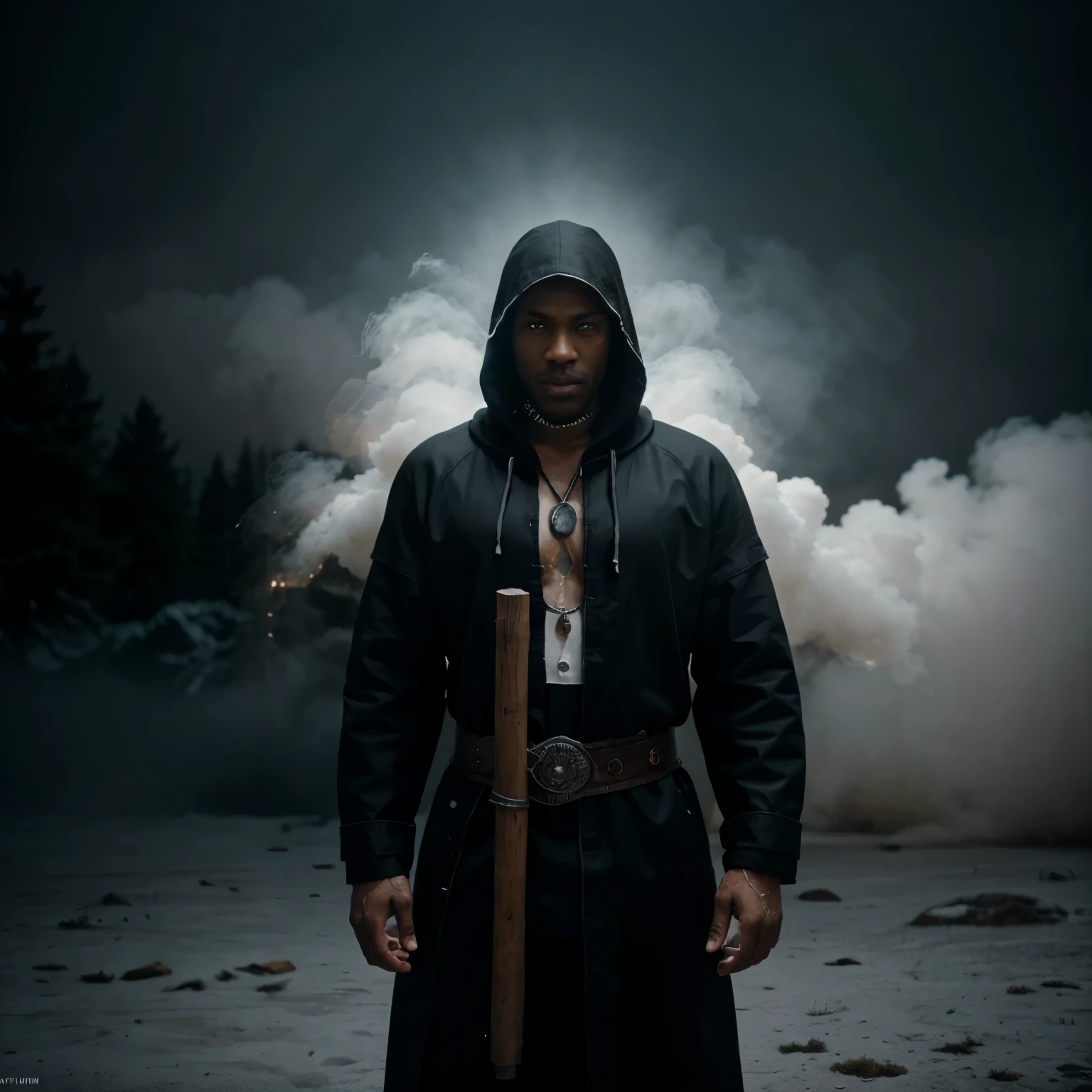 A full body shot black man shaman with white glowing eyes, dressed in black hooded clothes, holding a wooden walking stick, standing in an empty area fully covered with white smoke, white smoke all over the scene, soft white light piercing the scene providing a white and grey cinematic look scene, a moody atmosphere light with fog in the scene, cinematic lighting, 32k, ultra HD, unreal engine rendered, hyper-realistic image, artgerm style