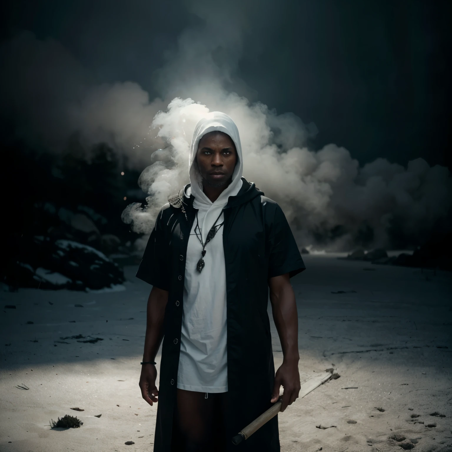 A full body shot black man shaman with white glowing eyes, dressed in  black hooded clothes, holding a wooden walking stick, standing in an empty area fully covered with white smoke, white smoke all over the scene, soft white light piercing the scene providing a white and grey cinematic look scene, a moody atmosphere light with fog in the scene, cinematic lighting, 32k, ultra HD, unreal engine rendered, hyper-realistic image, artgerm style