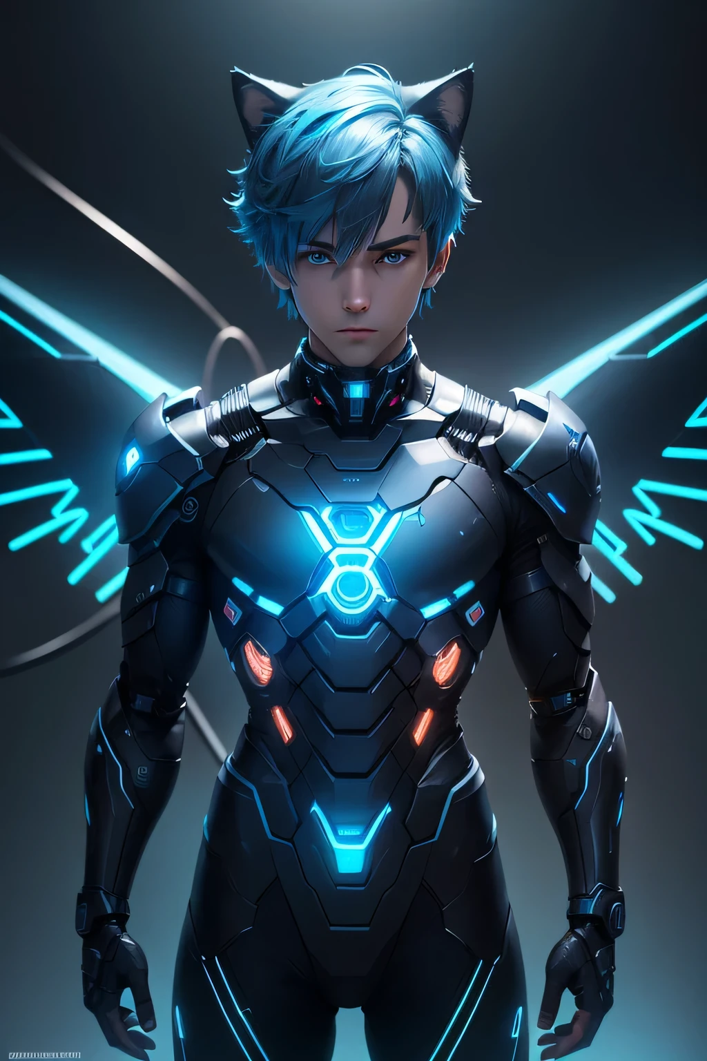 Masterpiece, best_quality, super_detailed, illustration, cinematic_lighting, sharp_focus, ((1boy)), ((short_hair)), ((blue_cat_ears)), ((blue_hair)) blue_eyes, expressive_eyes, high_detailed _eyes, perfect_face, beautiful_detail_face, full_body ultra_high_quality_model, ((Full-body cybernetic boy)), ((both hands also have the led light)), ((Large_wings_made_of_metal)), blue_neon_light, Led Night City, Seen from above