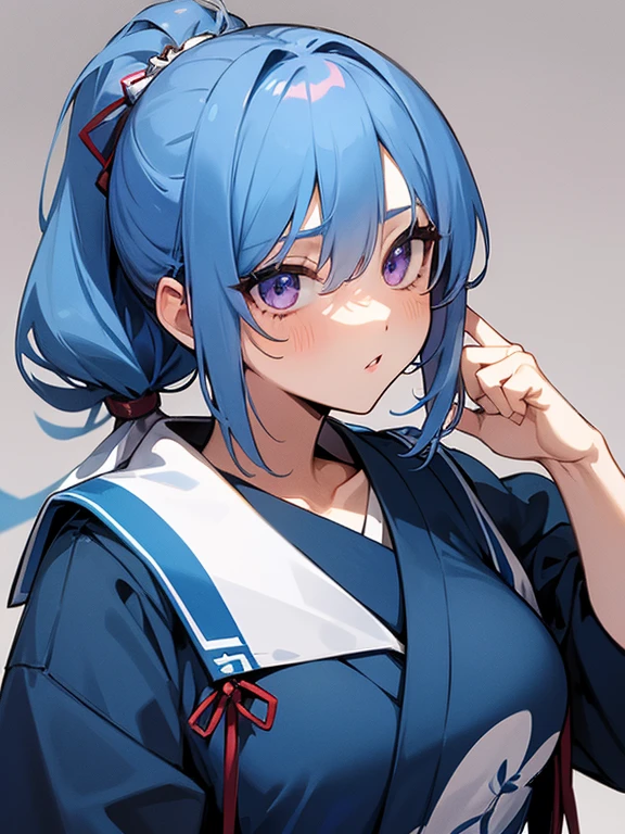 anime girl with light blue hair, Hair in a delicate blue tone, long hair, purple eyes, pony tail hair, revealing high school dress, medium breats, mature factions, very aesthetic detail anime background japanese high school