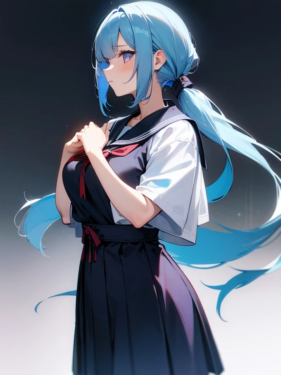 anime girl with light blue hair, Hair in a delicate blue tone, long hair, purple eyes, pony tail hair, revealing high school dress, medium breats, mature factions, very aesthetic detail anime background japanese high school