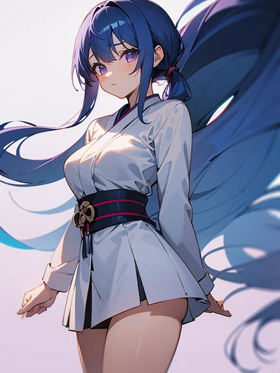 anime girl with light blue hair, Hair in a delicate blue tone, long hair, purple eyes, pony tail hair, revealing high school dress, medium breats, mature factions, very aesthetic detail anime background japanese high school