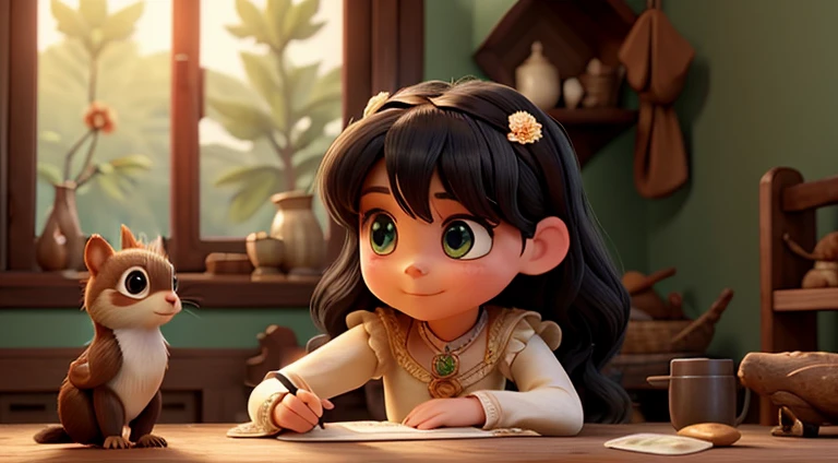 Elara was a petite girl with raven-black hair that cascaded down her shoulders in soft waves. Her eyes, the color of deep emeralds, held a spark of curiosity and kindness. Dressed in simple earth-toned garments adorned with delicate floral patterns, she moved gracefully through the village, often going unnoticed by the bustling crowds.Around her neck, she wore a pendant carved from a piece of wood, a gift from the animals she befriended. **Morning Communion:**
Elara wakes up with the first rays of sunlight, greeted by the gentle chirping of birds. She shares a quiet moment with a playful squirrel outside her window, a daily ritual that sets the tone for her connection with nature.
